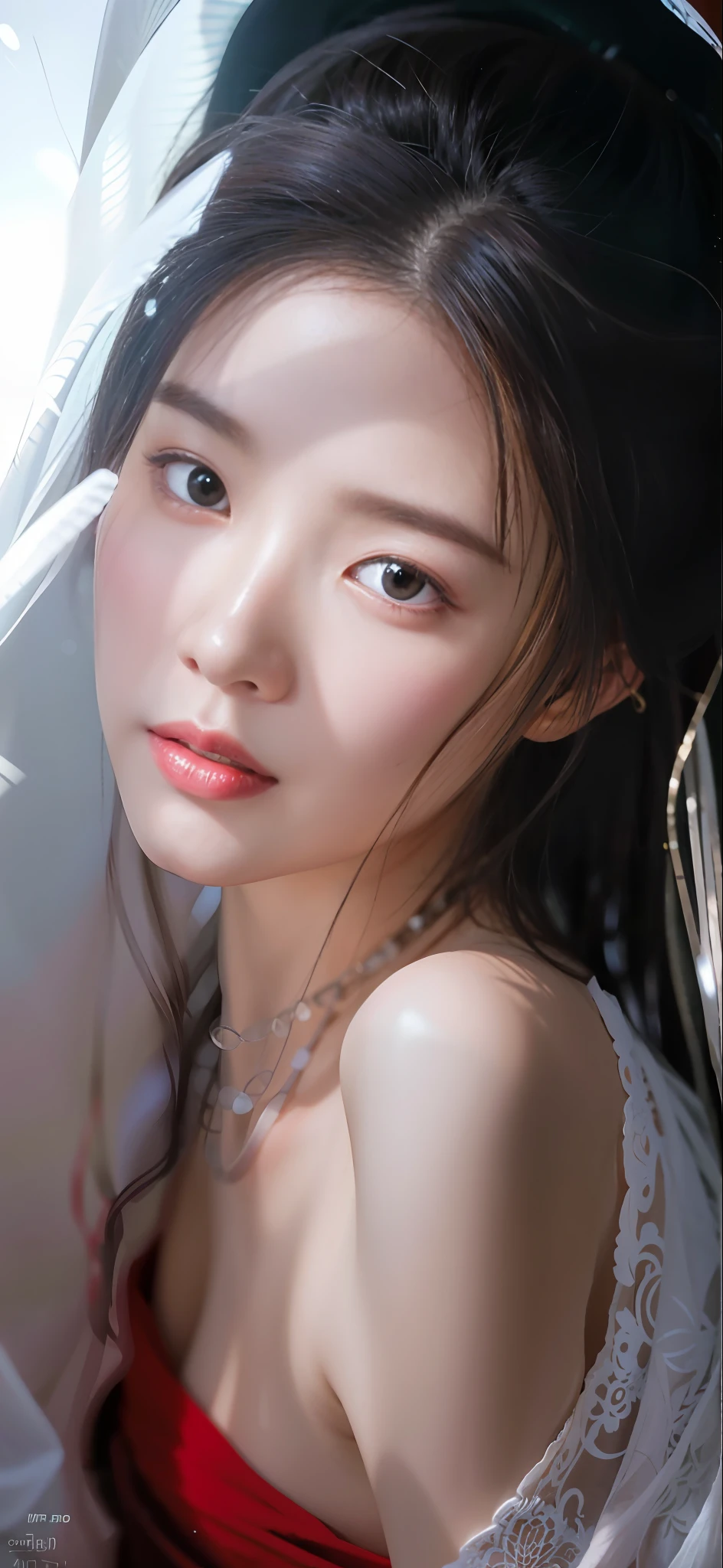 Wearing a red dress,Araved woman with a veil on her head, Soft portrait shot 8 K, Zhang Jingna, shaxi, yanjun cheng, cute delicate face, Realistic. Cheng Yi, 8K Artgerm bokeh, Ethereal beauty, beautiful delicate face, Extremely beautiful face, Cai Xukun, gorgeous chinese models, Soft portrait, xision wu