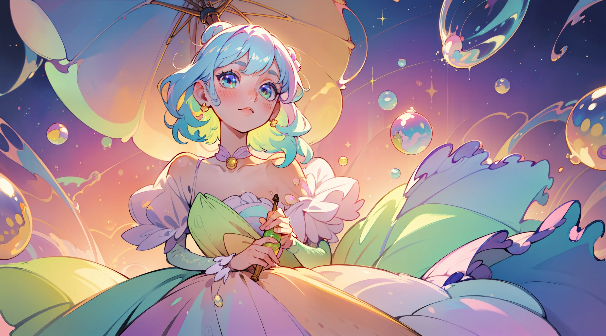 masterpiece, best quality, 8k resolution, sharp focus, intricate detail, beautiful girl, sparkling eyes, golden ratio face, otherworldly liquid, watercolor, ((pastel colors)), bright colors, whimsical, colorful, sharp focus, high resolution, fine detail, ((layered ballgown)), iridescent bubbles