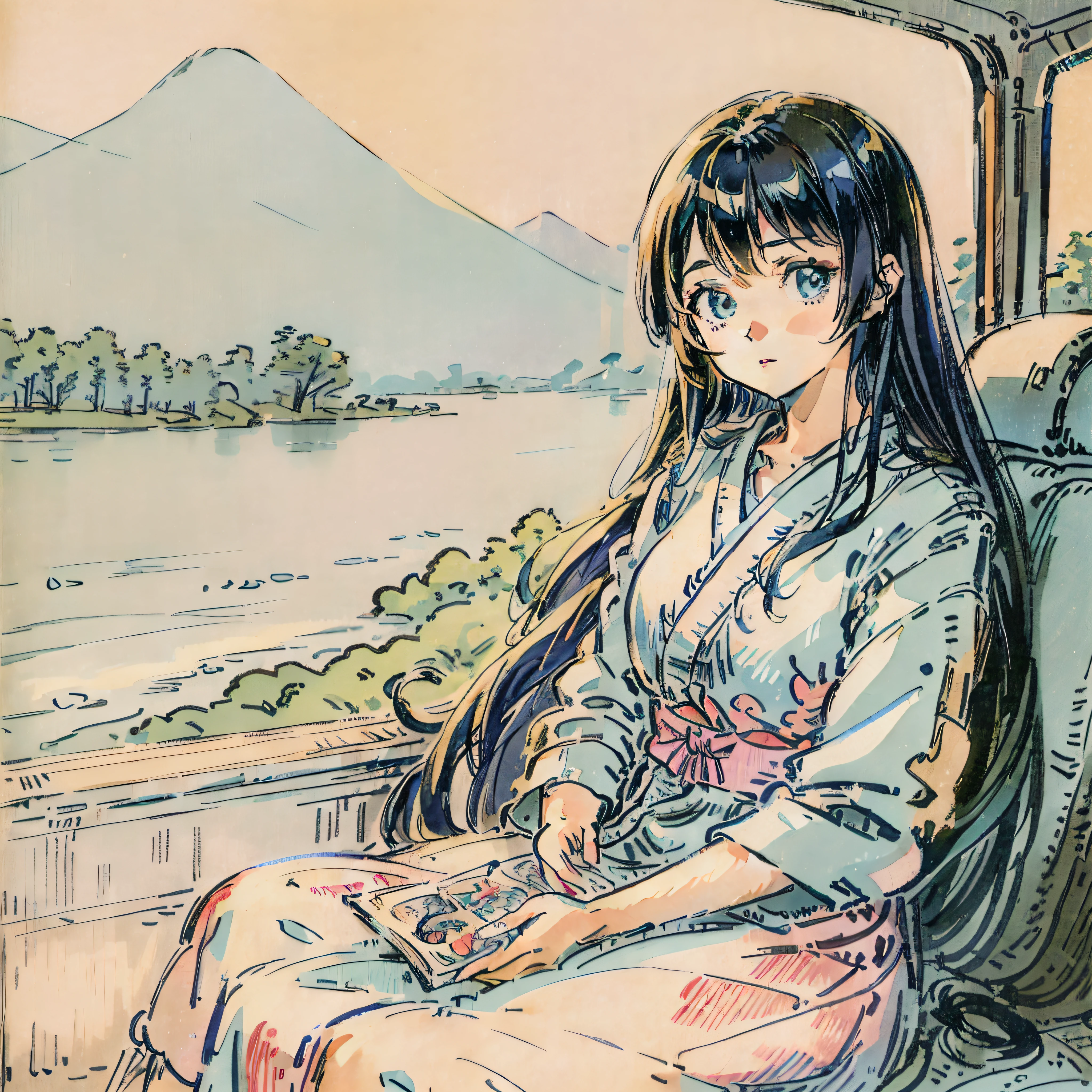 Anime girl with long hair and blue eyes sitting in the car, Mature and steady，Guviz, Photorealistic anime, Guviz-style artwork, Realistic anime 3 D style, realistic anime artstyle, semi realistic anime, Cute natural anime face, Anime. Soft lighting, Beautiful anime girl, Soft anime illustration