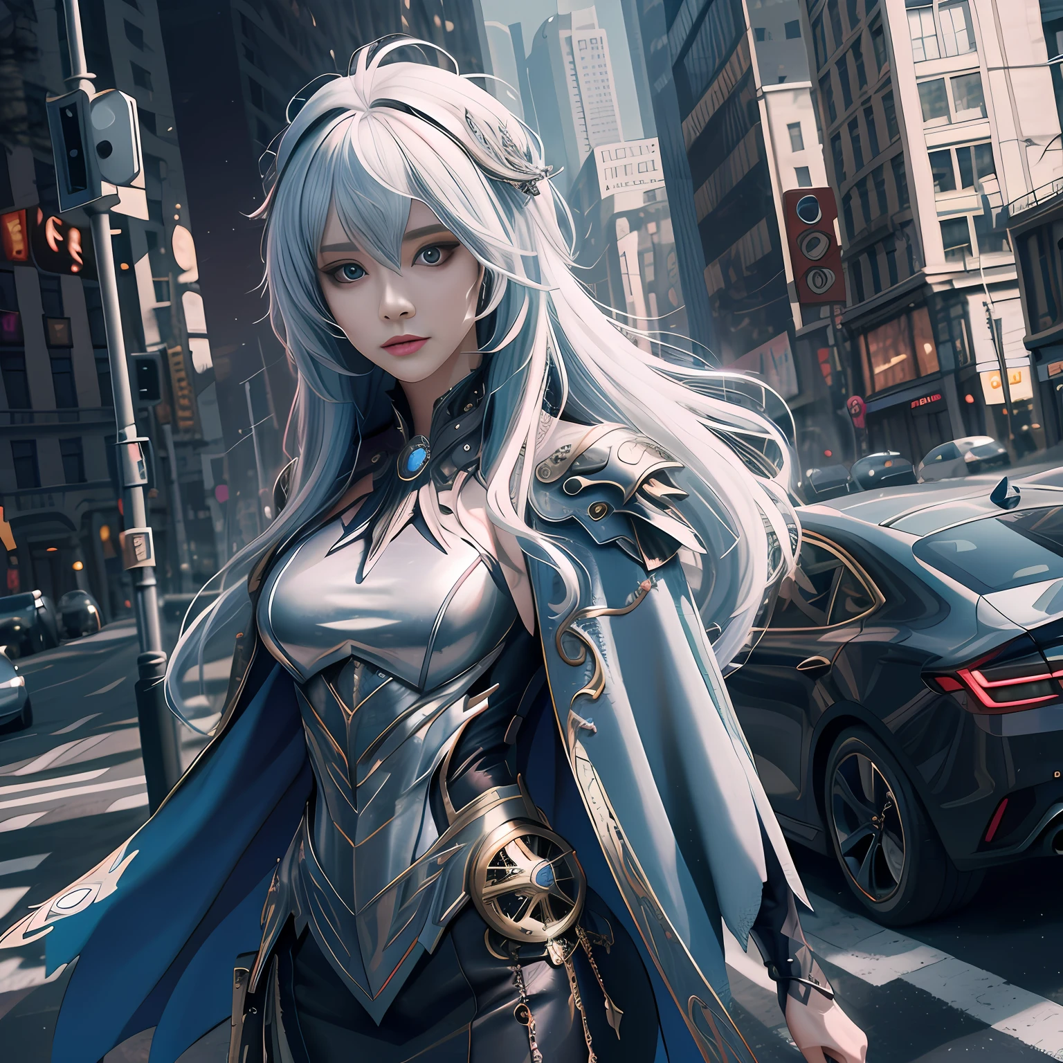 fish eye, Masterpiece, Top quality, Best quality, offcial art, Beautiful and aesthetic,A detailed,8K quality, 1girll,Magic cloak,Slim body bank,long white hair, Beautiful face,High value,shadowy,shift dresses,In the city,goddes,Mechanical punk style