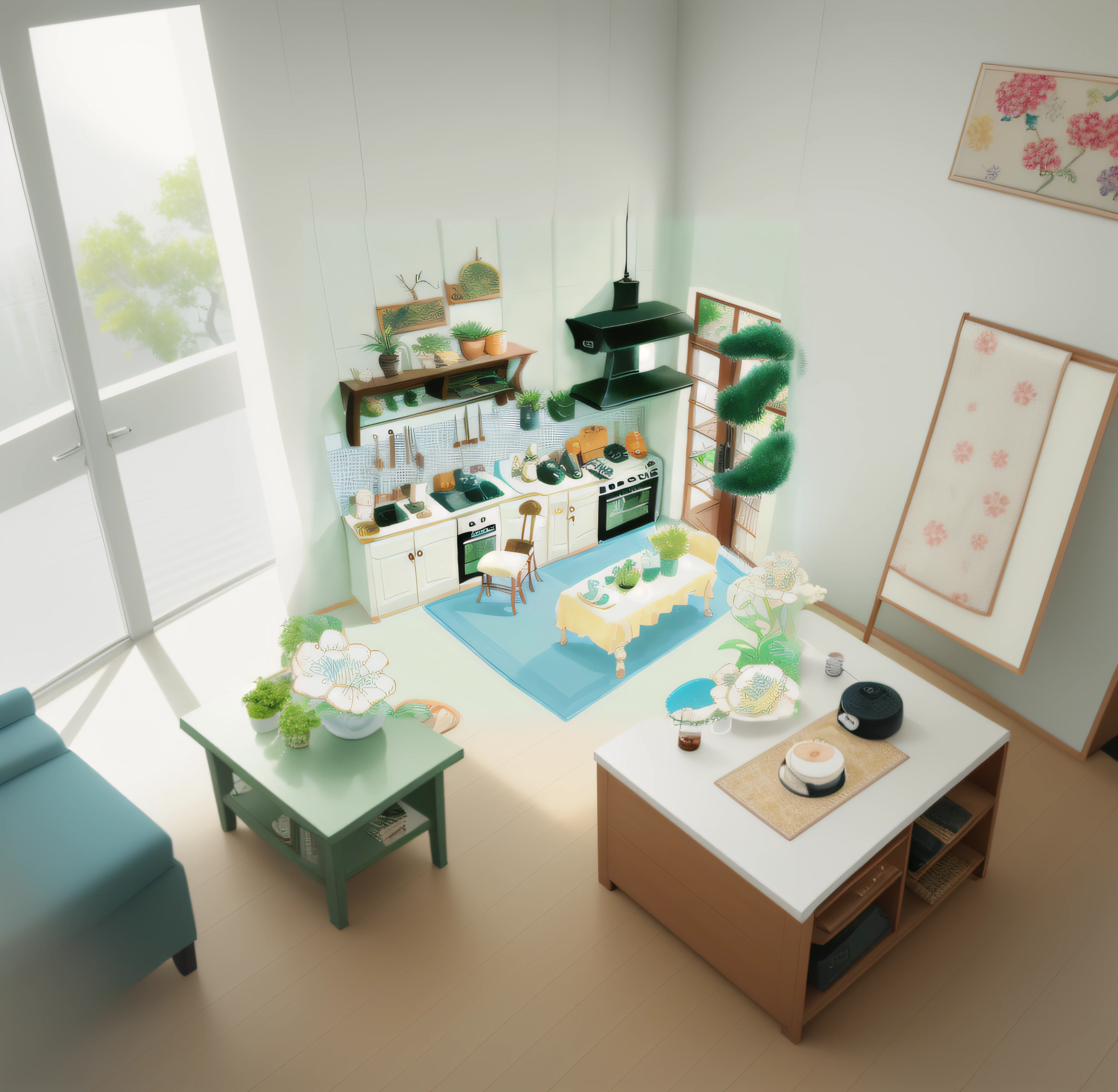 Vision, top view, decoration, home appliances, decoration, Household goods, bonsai, table, chair, bed, cabinet, TV, refrigerator, sofa, electric fan, toilet, bathroom, shower, bathtub, faucet, gas stove, pot, Rice cooker, table, tableware, cup, quilt, green plants, flowers,winds,door