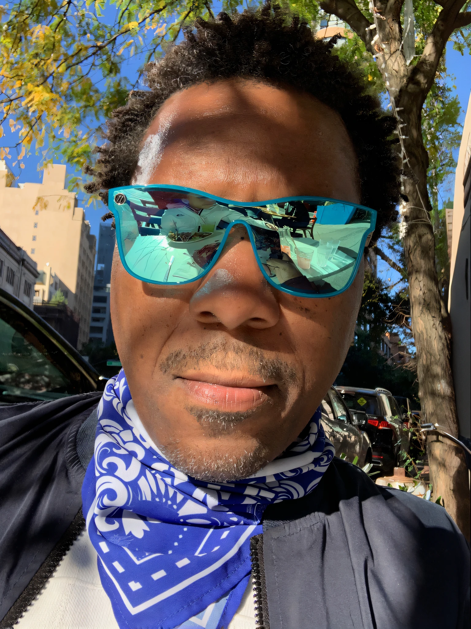 there is a man wearing sunglasses and a scarf in the street, sunglasses and a scarf, profile shot, taken in the early 2020s, wearing facemask and sunglasses, profile photo, profile picture, wearing blue sunglasses, 8k selfie photograph, wearing versace sunglasses, nyc, profile image, myself, on a bright day, profile picture 1024px