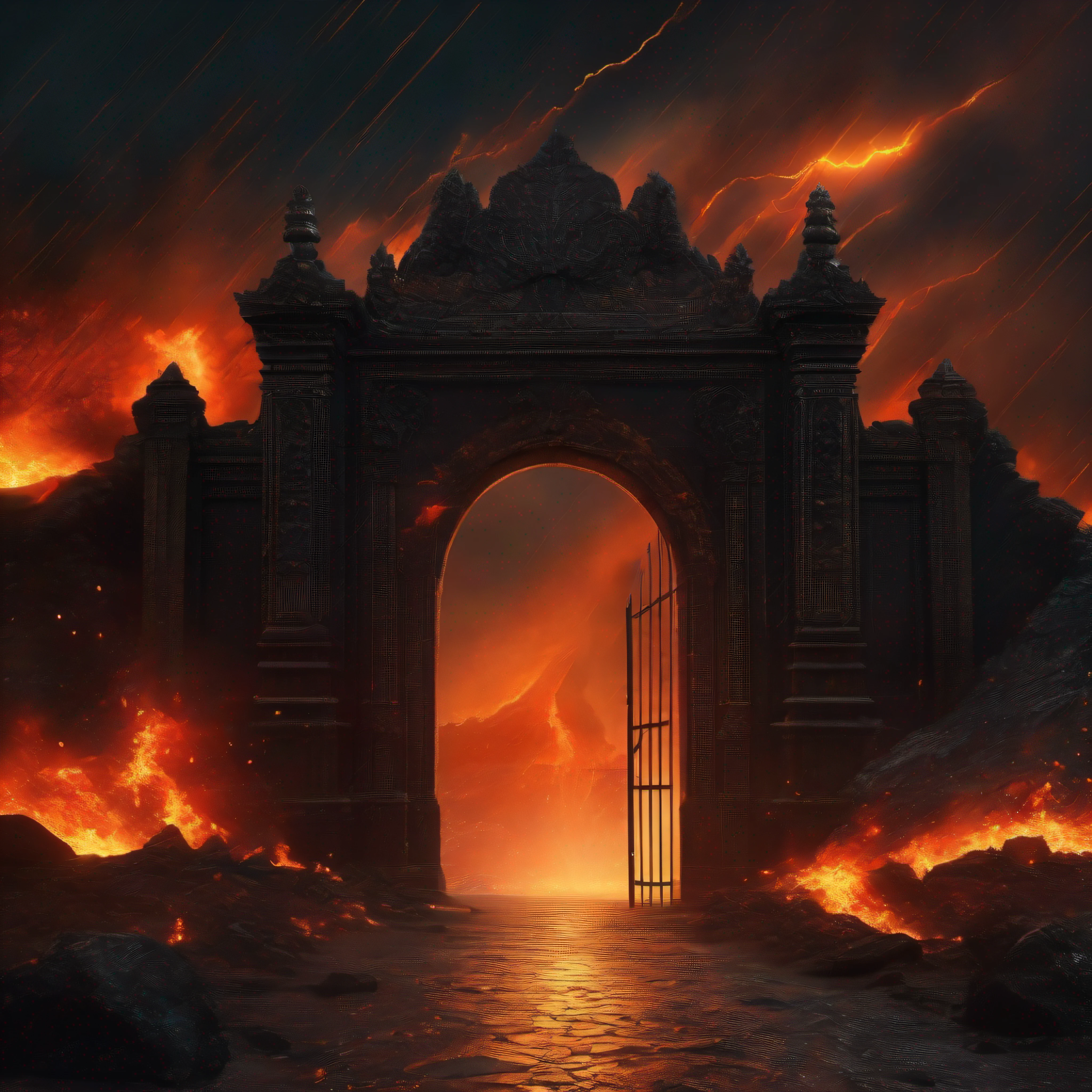 magnified view of a gigantic black gate opening, Rain of fire falling from the sky, a road of stones of fire and lava to the gate, um abismo nas extremidades do caminho, Totally dark sky, sem luz