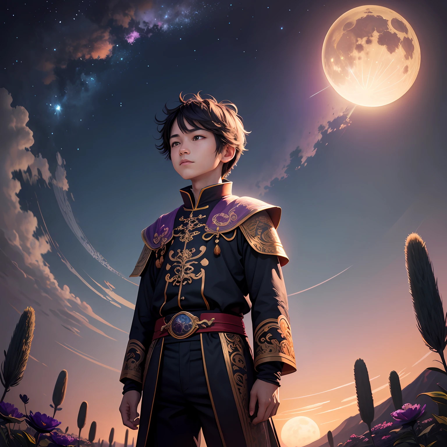 Expansive landscape photograph,(look from down,Above is the sky,There is a dragon in the sky,Below is an open landscape),A boy standing on a flower field looking up,(moon full:1.2),(meteors:0.9),(Starcloud:1.3),Far Mountain, Tree BREAK making art,(Warm light source:1.2),(glowworm:1.2),lamp lights,Lots of purple and orange,Complicated details,Volumetric lighting BREAK(tmasterpiece:1.2),(best qualtiy),4k,ultra - detailed,(dynamic compositions:1.4),detail-rich,plethora of colors,(Irridescent color:1.2),(with light glowing,Atmospheric lighting),Chinese mythology,magical,(独奏:1.2)