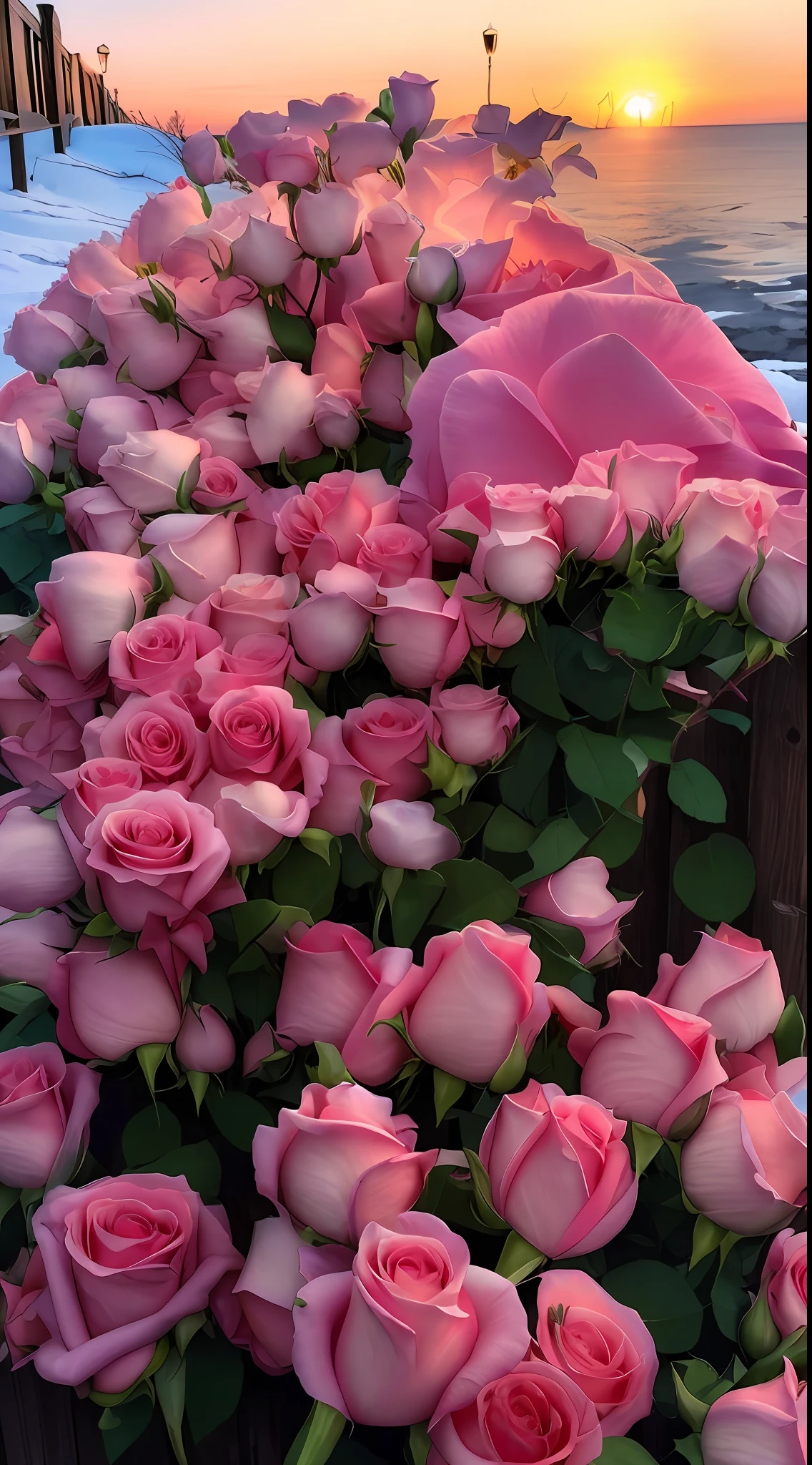 late sunset,There are flowers in the snow near the fence, with frozen flowers around her, rosette, rosses, beautiful aesthetic, Beautiful and aesthetic, pastel roses, Beautiful flowers, laying on roses, Cold but beautiful, beutifull, Beautiful nature, roses in cinematic light, big breasts beautiful, light pink tonalities, with soft pink colors, Beautiful image, Rose tones