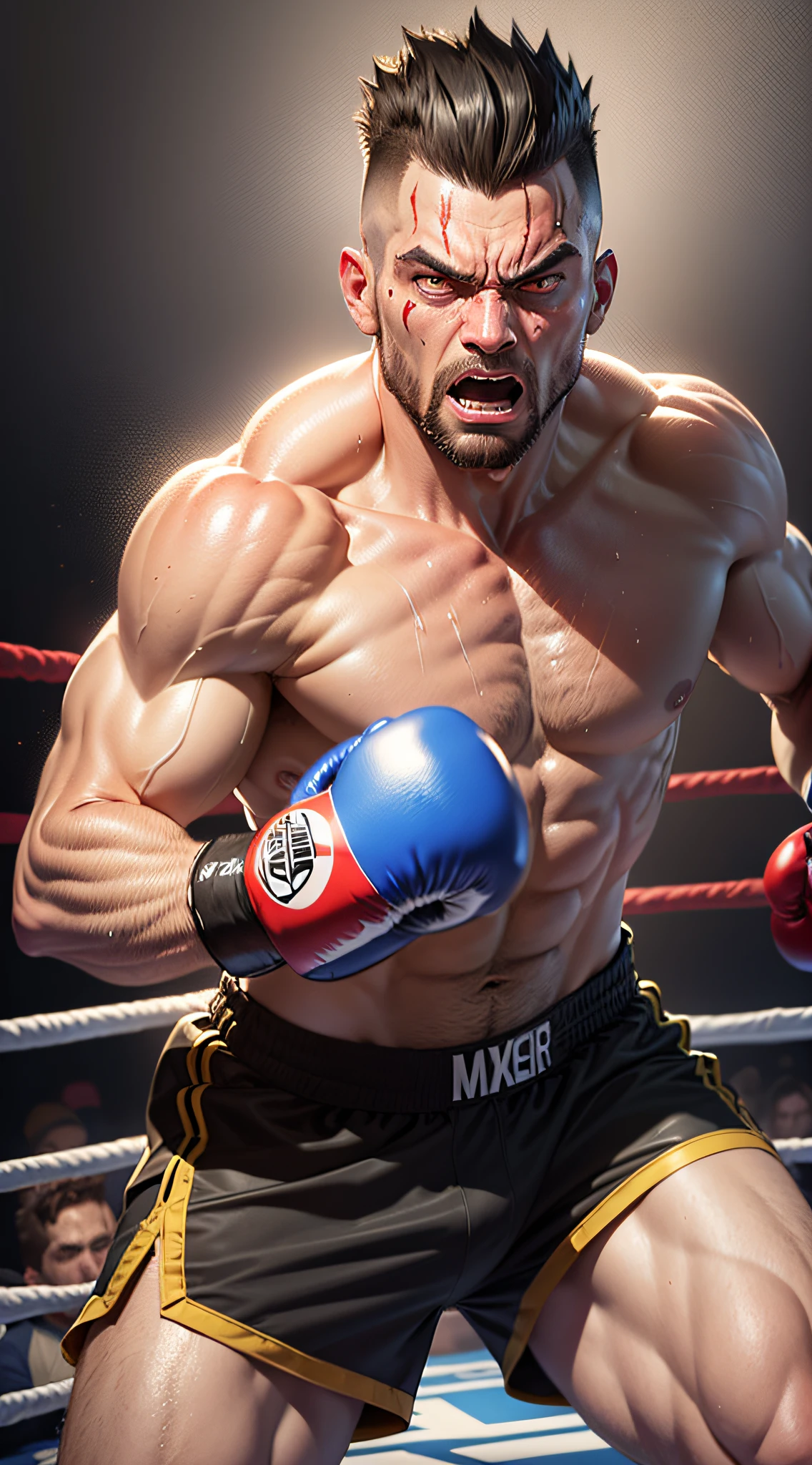 (original), (very detailed wallpaper), (best quality), (masterpiece), Photorealistic, realistic, very detailed illustrations, (1 man), very strong, (fierce expression), yellow eyes, glowing eyes, neon glow eye, (scarred face), perfect detail, (better lighting), (super intricate detail), (boxer), (aggressive punches), wear boxing gloves, sweat, heavy breathing, (overwhelming strike), ( boxing ring), white sports shorts, perfect details, perfect limbs, impact, (sweat), abdomen, muscular, boxing shorts, brawl, black hair, red hair, Mohawk Hairstyle, (super detailed CG: 1.2), (8K : 1.2), realistic, octane rendering