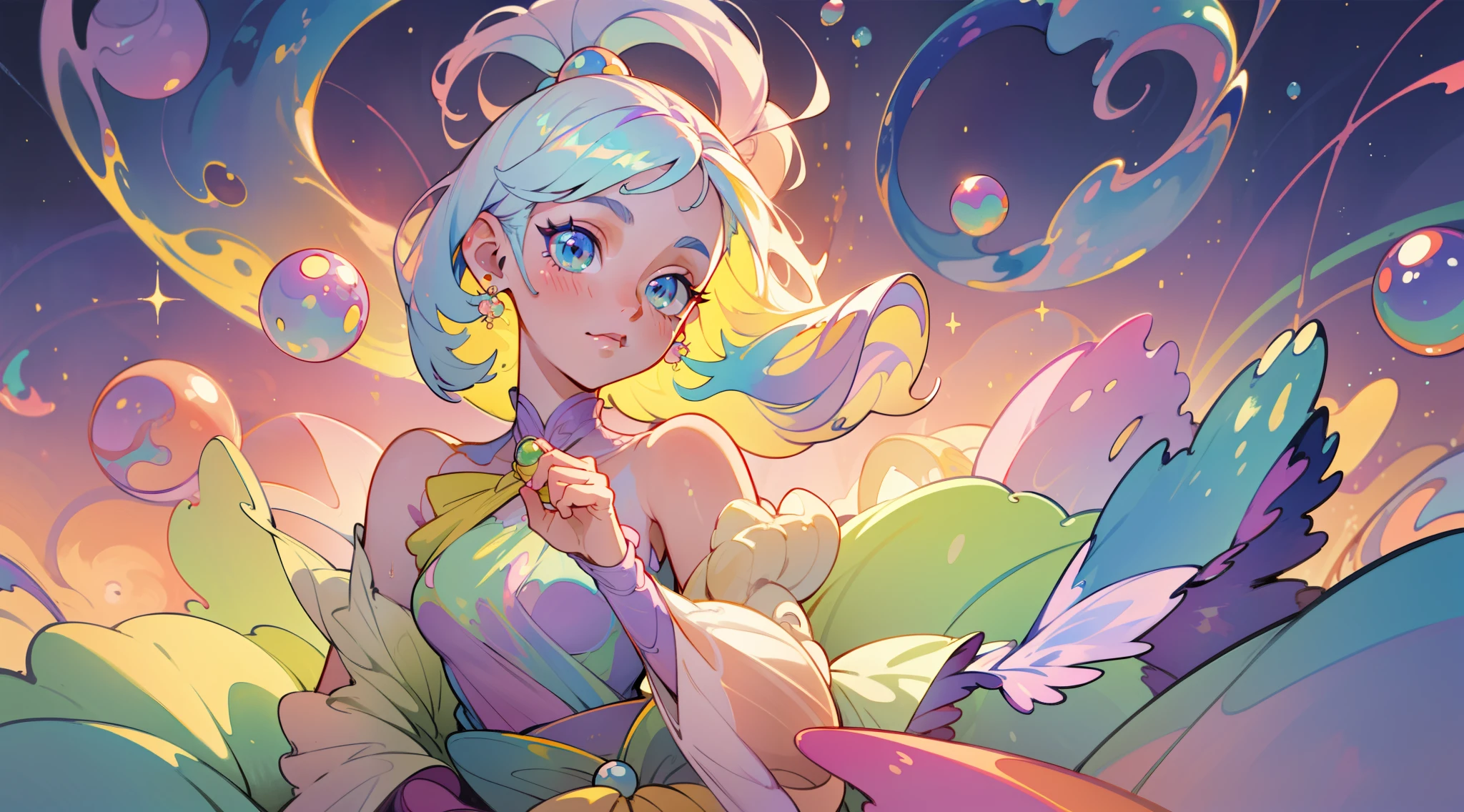 masterpiece, best quality, 8k resolution, sharp focus, intricate detail, beautiful girl, sparkling eyes, golden ratio face, otherworldly liquid, watercolor, ((pastel colors)), bright colors, whimsical, colorful, sharp focus, high resolution, fine detail, ((layered ballgown)), iridescent bubbles
