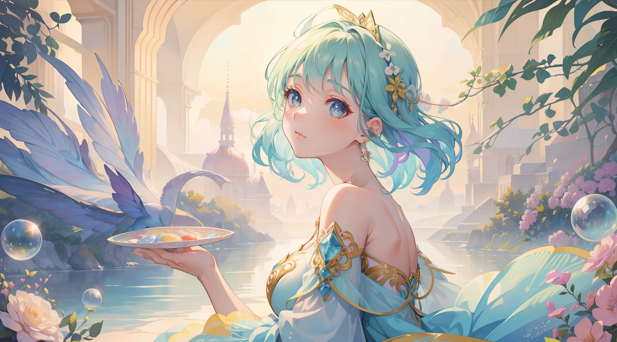 masterpiece, best quality, 8k resolution, sharp focus, intricate detail, beautiful girl, sparkling eyes, golden ratio face, watercolor, ((pastel colors)), bright colors, whimsical, colorful, sharp focus, high resolution, fine detail, layered ballgown, iridescent bubbles, otherworldly fantasy landscape