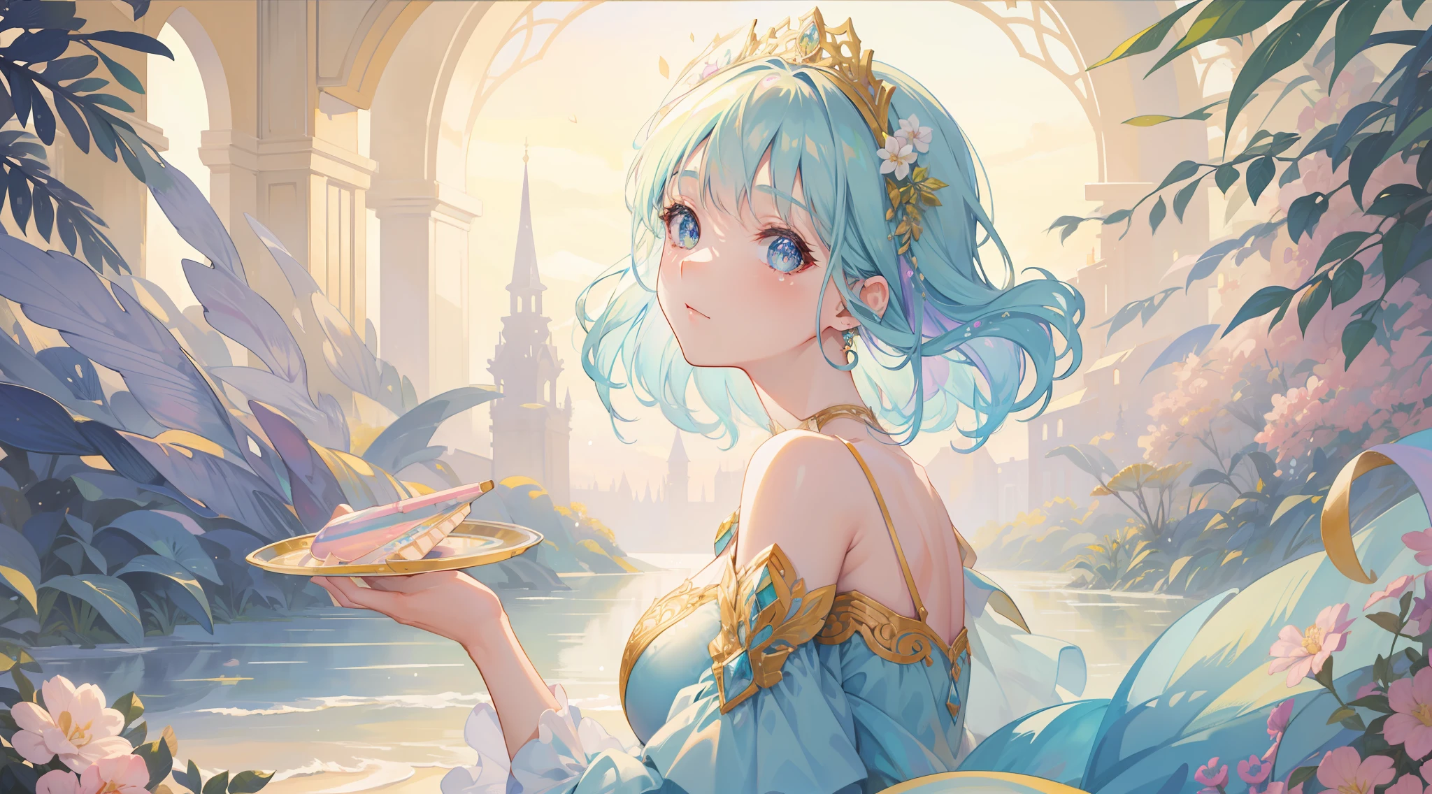 masterpiece, best quality, 8k resolution, sharp focus, intricate detail, beautiful girl, sparkling eyes, golden ratio face, watercolor, ((pastel colors)), bright colors, whimsical, colorful, sharp focus, high resolution, fine detail, layered ballgown, iridescent bubbles, otherworldly fantasy landscape