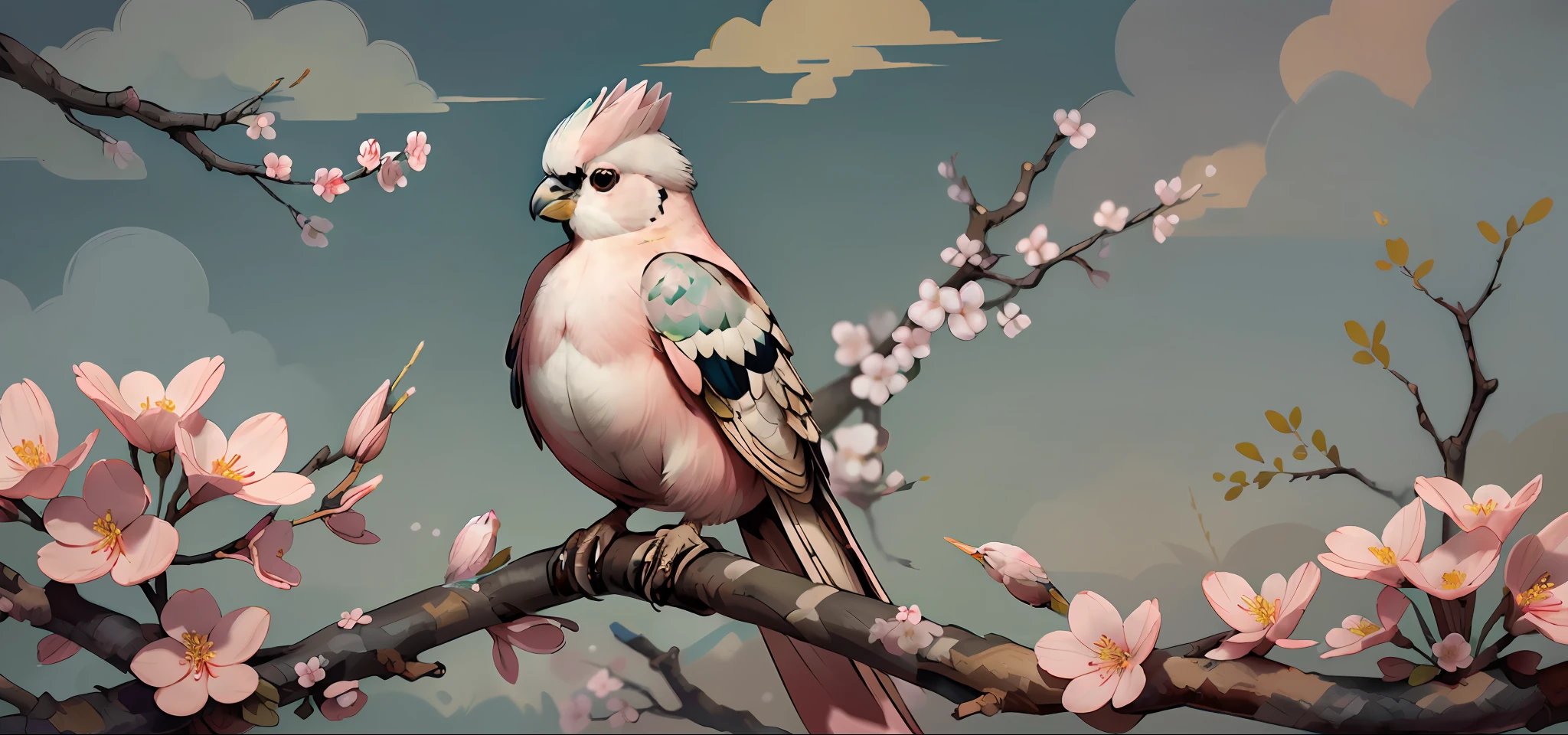 (masterpiece), extremely intricate, illustration, colorful, best quality, 8K, HDR, best composition, sharp focus, dramatic, award winning, cinematic lighting, Lutino cockatiel, ((chibi, fat)), on branch,  blossom, surrounding by ((pink flowers)), garden, sky, Style-Japan, outdoors