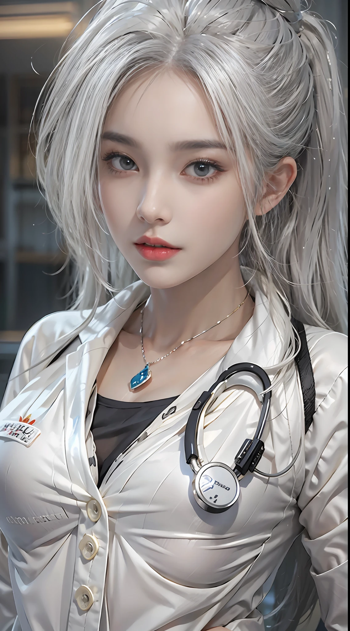 Photorealistic, high resolution, 1womanl, Solo, Hips up, view the viewer, (Detailed face), White hair, Long hair, doctor outfit, Stockings，（（（huge tit，No cleavage）））