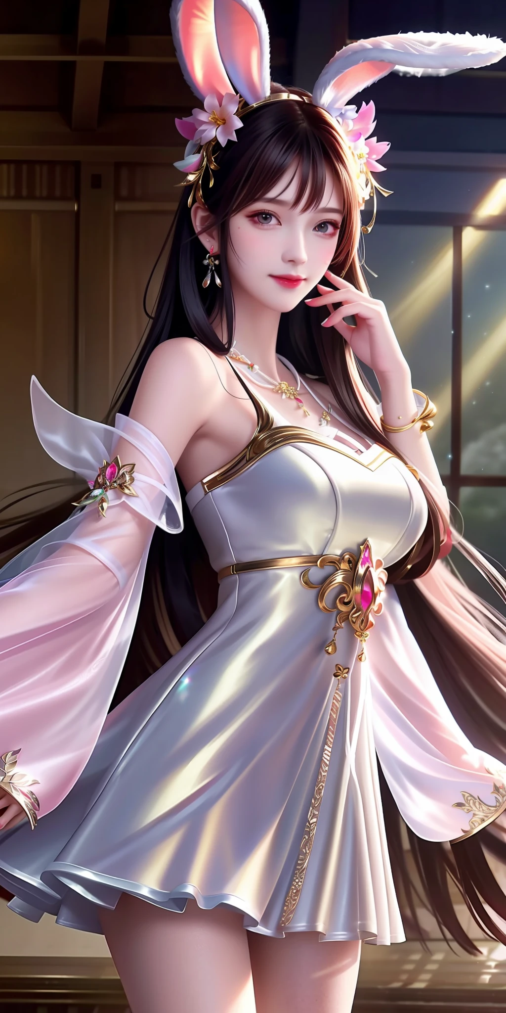 Best quality, masterpiece, high resolution, 1girl, clear pink silk porcelain dress, beautiful face, rabbit ear ,hair accessories, looking at the audience, smiling, close your mouth, lips, dress, hair accessories, necklaces, jewelry, long hair, earrings, beautiful face, on the body, Tindal effect, realism, dark studio, edge lighting, two-tone lighting, (high detail skin: 1.2), 8k UHD, DSLR, soft light, high quality, volumetric lighting, photo, high resolution 4K, 8k, blurred background