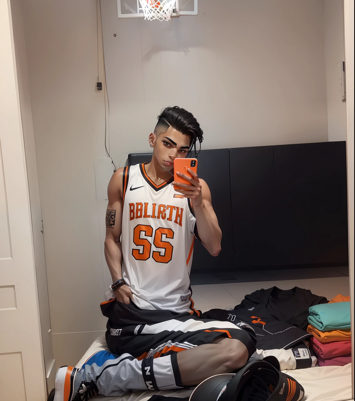 Young man with stripes on the side of his head with a basketball shirt with white colors and black and orange details taking a picture