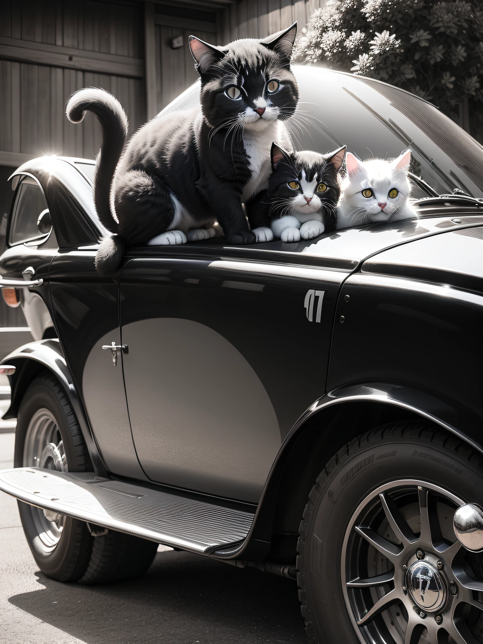 Black and white soft bristles、A couple of two kittens、Basking、On the hood of an Enzo Ferrari