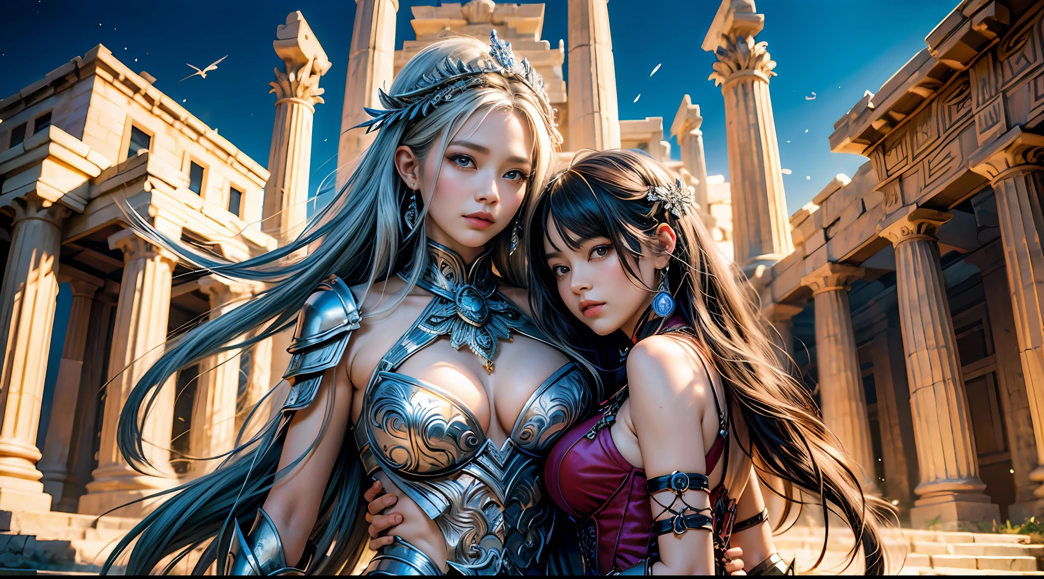 offcial art，统一 8k 壁纸，ultra - detailed，Beauty and aesthetics，high high quality，Valkyrie，tmasterpiece，Best quality at best，（zentangle，datura，Tangles，entangled：0.6），Greek temple，Large breasts，Heavy silver armor，masks，complex patterns，magia