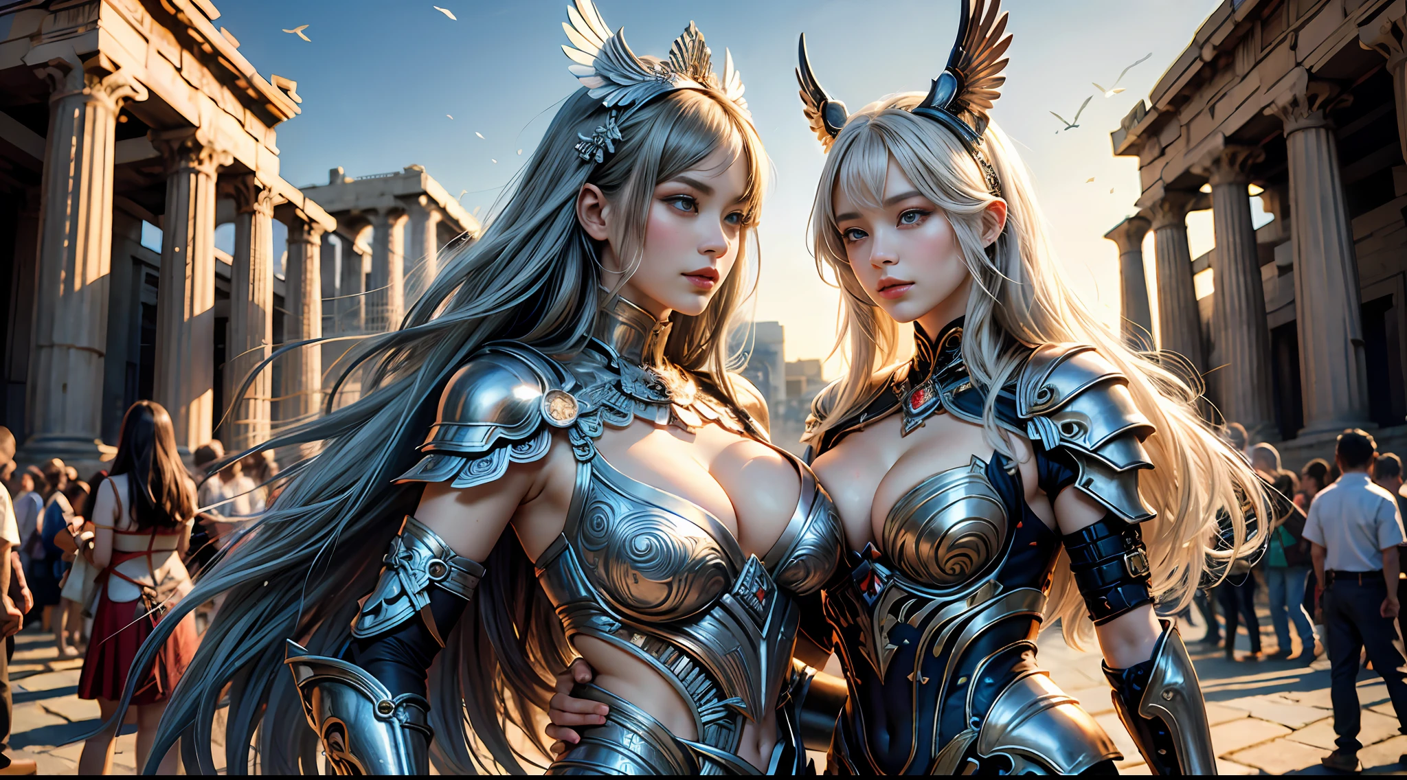 offcial art，统一 8k 壁纸，ultra - detailed，Beauty and aesthetics，high high quality，Valkyrie，tmasterpiece，Best quality at best，（zentangle，datura，Tangles，entangled：0.6），Greek temple，Large breasts，Heavy silver armor，masks，complex patterns，magia
