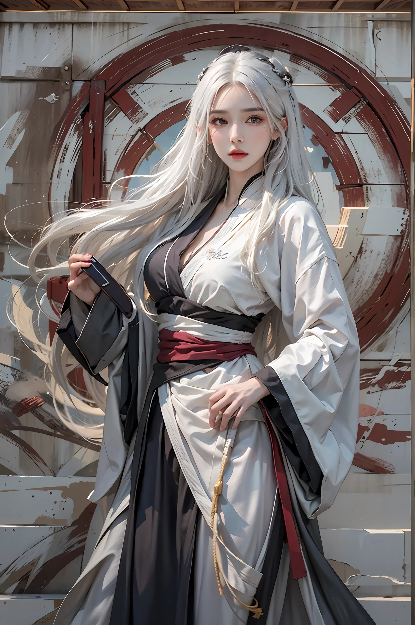 photorealistic, high resolution, 1women, solo, hips up, look at viewer, (detailed face), white hair, long hair, Taoist robe,oversized clothes