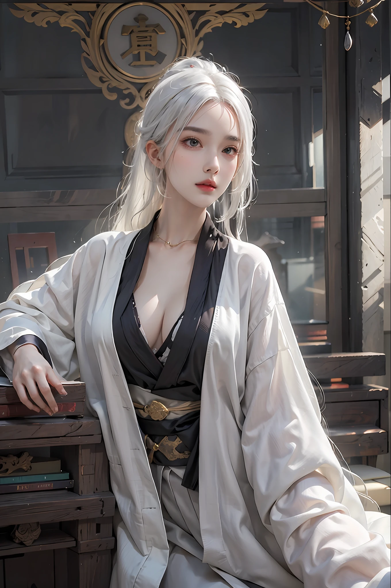 photorealistic, high resolution, 1women, solo, hips up, look at viewer, (detailed face), white hair, long hair, Taoist robe,oversized clothes