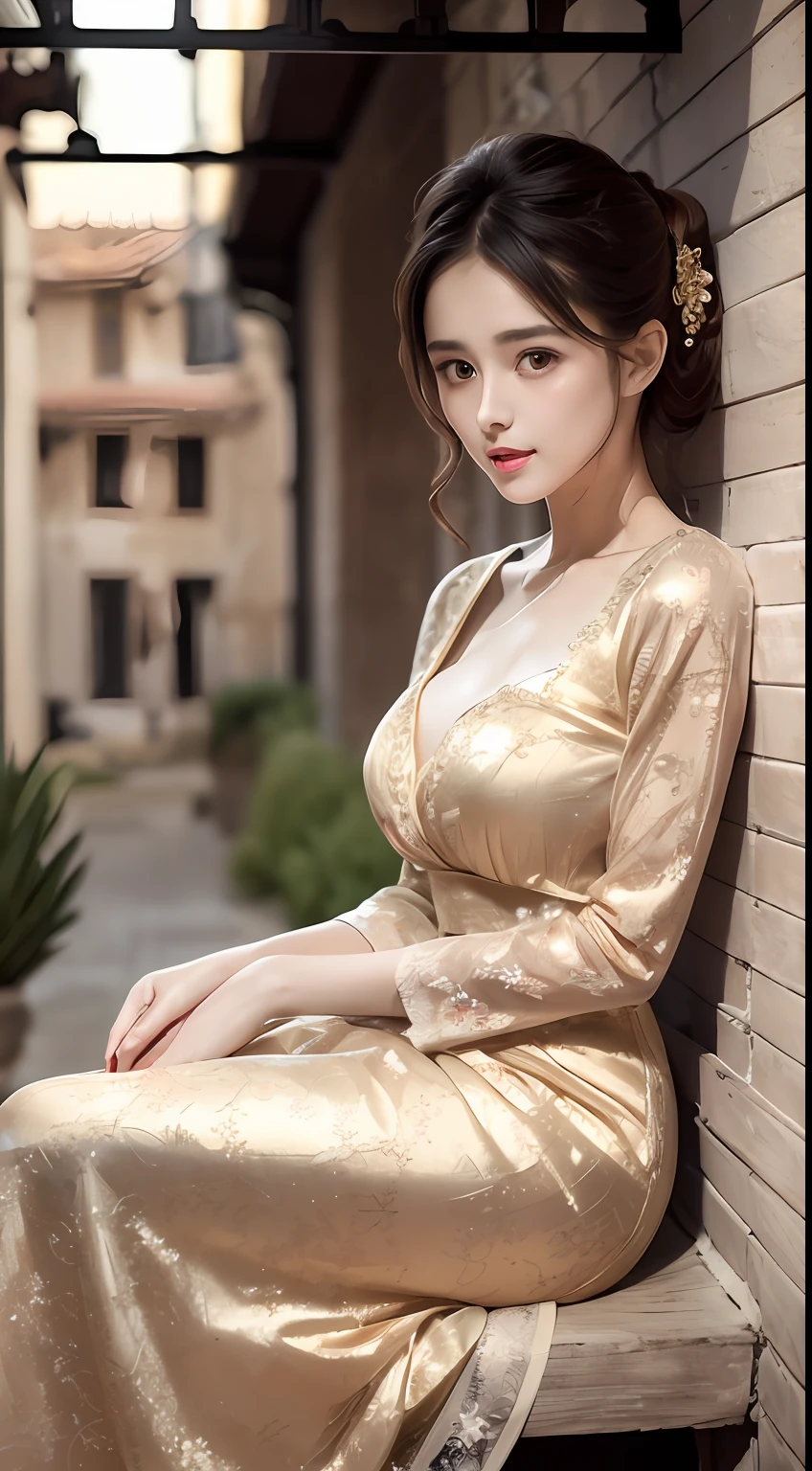 A beautiful girl, literary, beautiful and elegant, with slender eyebrows and clear eyes. Ruddy lips, soft skin, bandeau dress with gold edges, antique long-sleeved dress, stroking posture and waiting posture. The blue sky and the quiet courtyard (literary and elegant, antique, long-sleeved dresses, piano posture), full body close-up