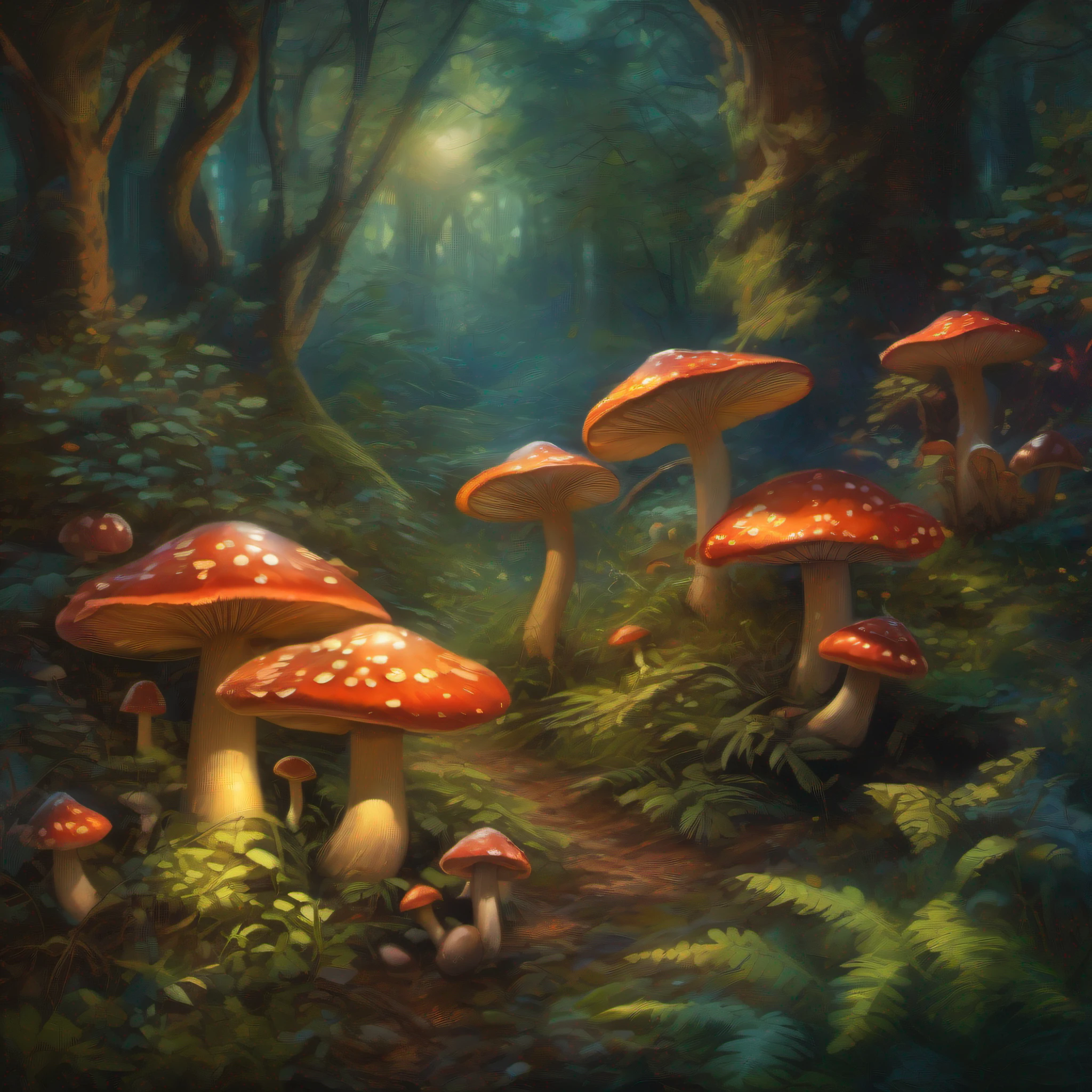 Mystical forest at dusk, dappled light falling through dense foliage, luminescent mushrooms glowing softly, magical creatures barely visible in the shadows, with a touch of fantasy. Rendered in the style of a classic oil painting with deep, rich colors and a focus on light and shadow. --v 5 --q 2 --ar 16:9 --style expressive