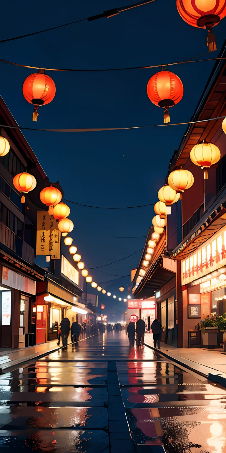 On the streets of Chinese New Year style,Symmetrical buildings on the left and right sides,Hanging lanterns,There are fireworks,Wide front perspective,Rich in color,NOhumans,k hd