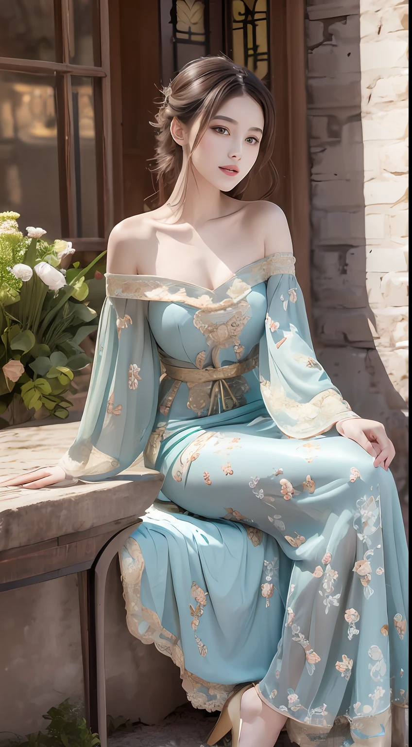 A beautiful girl, literary, beautiful and elegant, with slender eyebrows and clear eyes. Ruddy lips, soft skin, bandeau dress with gold edges, antique long-sleeved dress, stroking posture and waiting posture. The blue sky and the quiet courtyard (literary and elegant, antique, long-sleeved dresses, piano posture), full body close-up