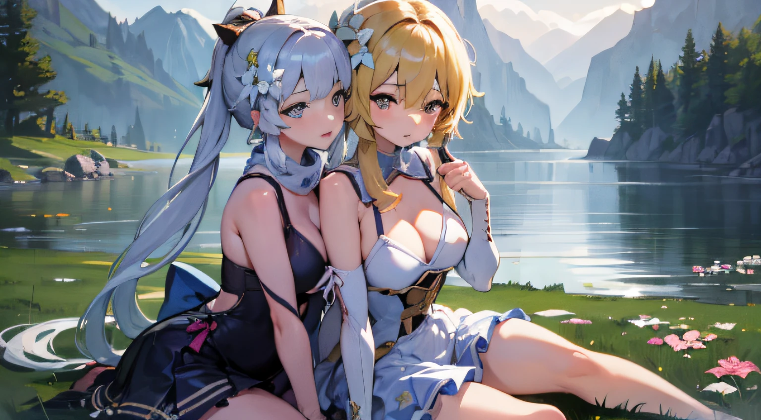 full entire body, (2 Girls 1.4), (1st person using Lumine Genshin Impact | Lora 1200 characters), (The 2nd person uses lora2 Kamisato Ayaka Genshin Impact | Lora Character 1506)Two women were sitting on the floor and one was holding a knife in hand......................................................., One woman carries another woman......................................................., Sit with your wrists together......................................................., Two beautiful girls in love, Two women......................................................., Lesbian Art, Homosexual girl groups, Handshake, vector art illustration, flat illustration, Flat shading illustration, Lie down with your wrists together......................................................., two girls, lesbian, Embrace Lesbians,(2:Girls together........................................................), (NSTDA.:1.2), (10, beste-Qualit, master-piece: 1.4), ultra-high resolution, (lifelike, photorealistic portrait: 1.48), 25 years old, Cute Girl, (See through the bikini beetle), Famous Japanese actors, beautiful clear eyes, G Cup Big Breasts, Long ponytail, Head tilt., cowboy shot, from the side, looking at the audience, expressionless, Beautiful lake, Zeiss 150mm F/ 2.8 Hasselblad, Around the lake there are high mountains surrounded by striped mountains.........................................................., Whole body, foot, Ultra-Wide Angle, The backyard is a beautiful sea............................................................................................................ ,