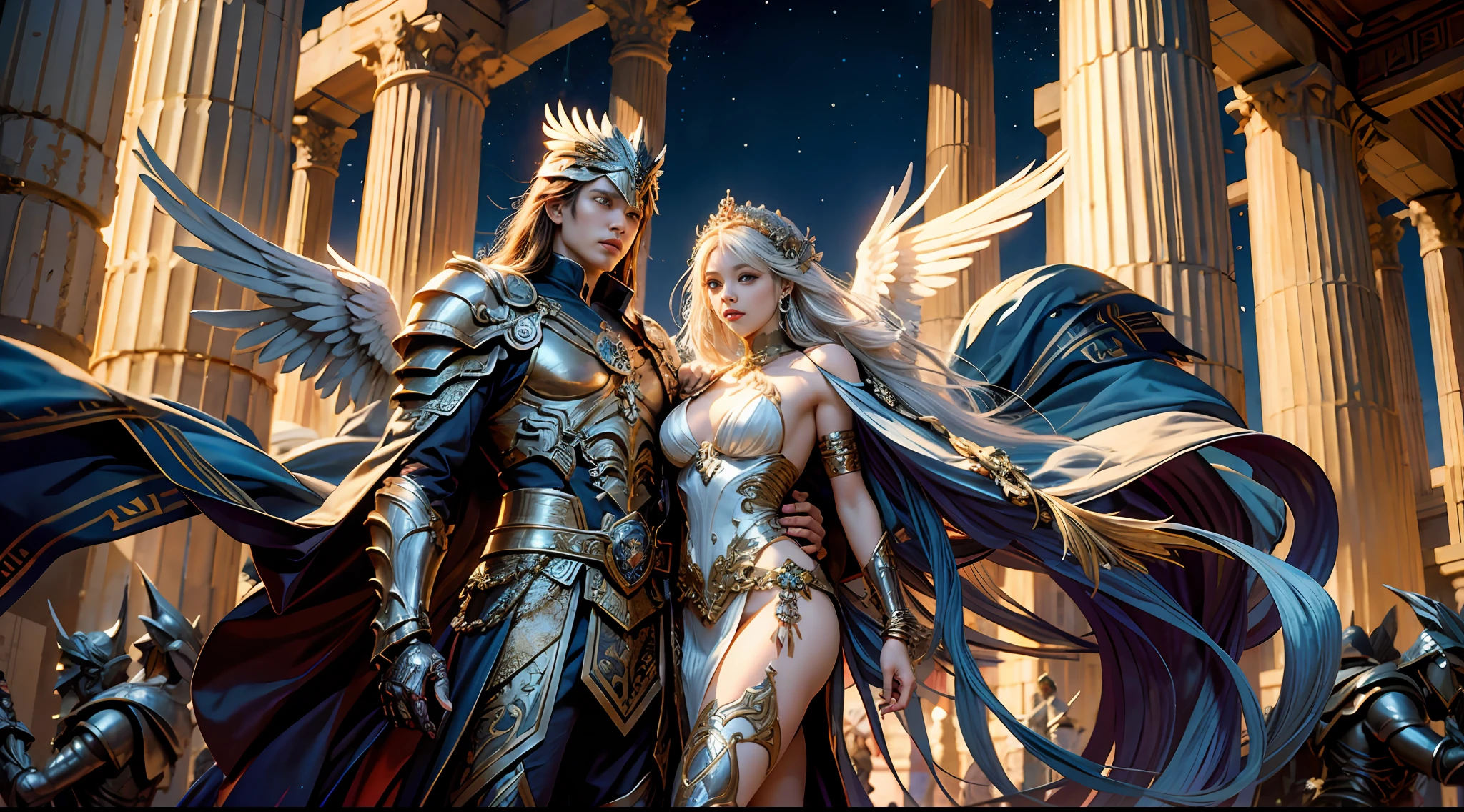 offcial art,统一 8k 壁纸,ultra - detailed,Beauty and aesthetics,high high quality,Valkyrie,tmasterpiece,Best quality at best,(zentangle,datura,Tangles,entangled:0.6),Greek temple,Large breasts,Heavy silver armor,Masks,complex patterns,combats,dramatics