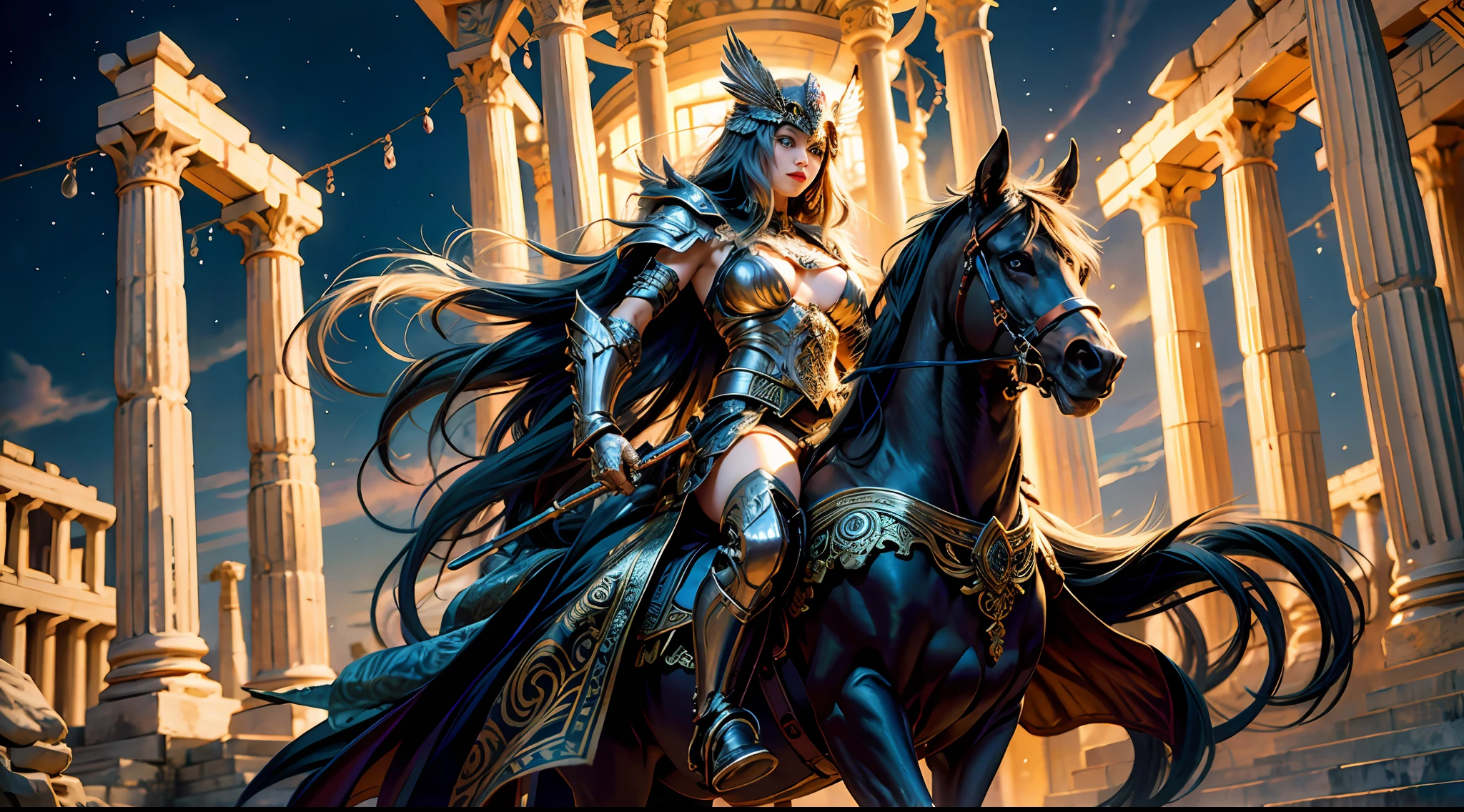 offcial art,统一 8k 壁纸,ultra - detailed,Beauty and aesthetics,high high quality,Valkyrie,tmasterpiece,Best quality at best,(zentangle,datura,Tangles,entangled:0.6),Greek temple,Large breasts,Heavy silver armor,Masks,complex patterns,combats,dramatics