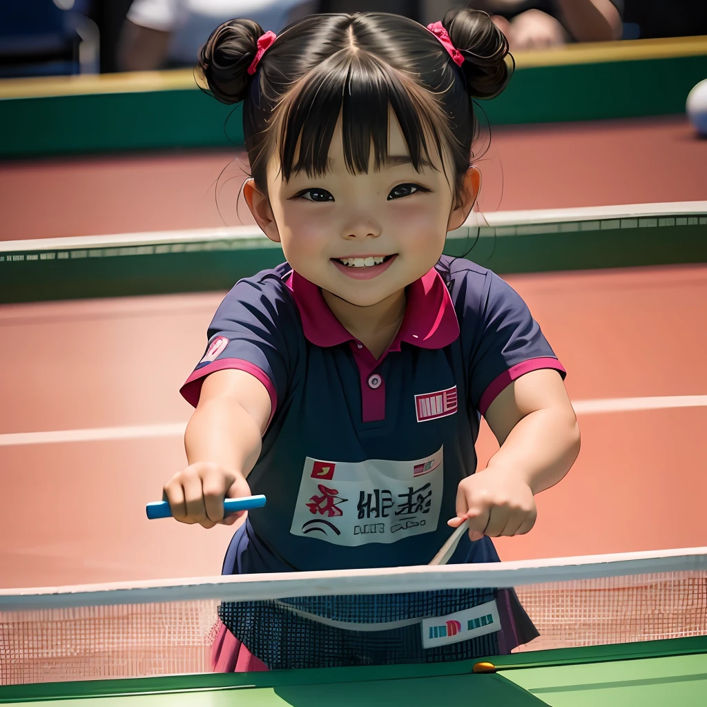 A cute chubby  girl，Double bun and bangs，Very happy，Smiling at the Asian Games table tennis competition