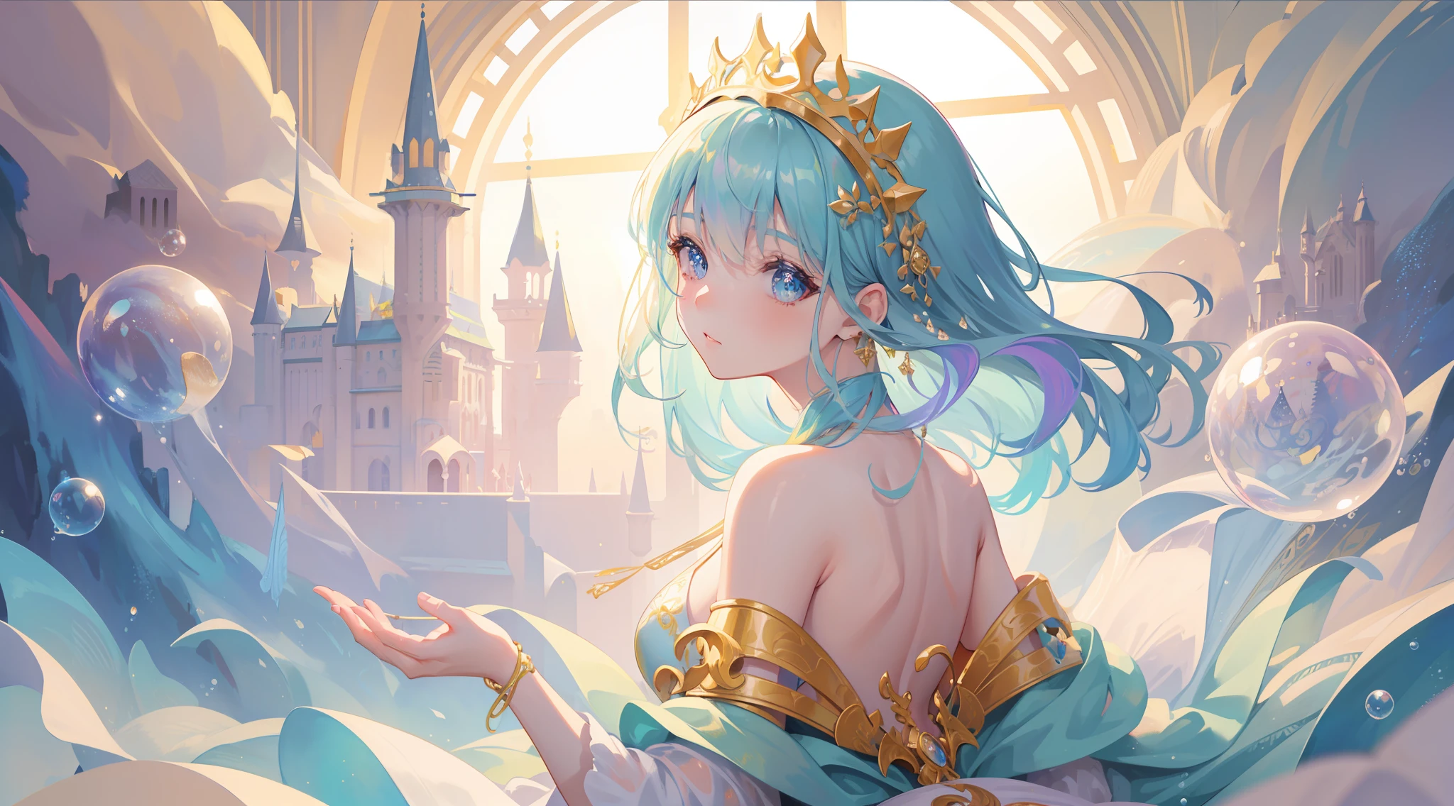 masterpiece, best quality, 8k resolution, sharp focus, intricate detail, beautiful girl, sparkling eyes, golden ratio face, watercolor, ((pastel colors)), bright colors, whimsical, colorful, sharp focus, high resolution, fine detail, layered ballgown, iridescent bubbles, otherworldly fantasy castle landscape