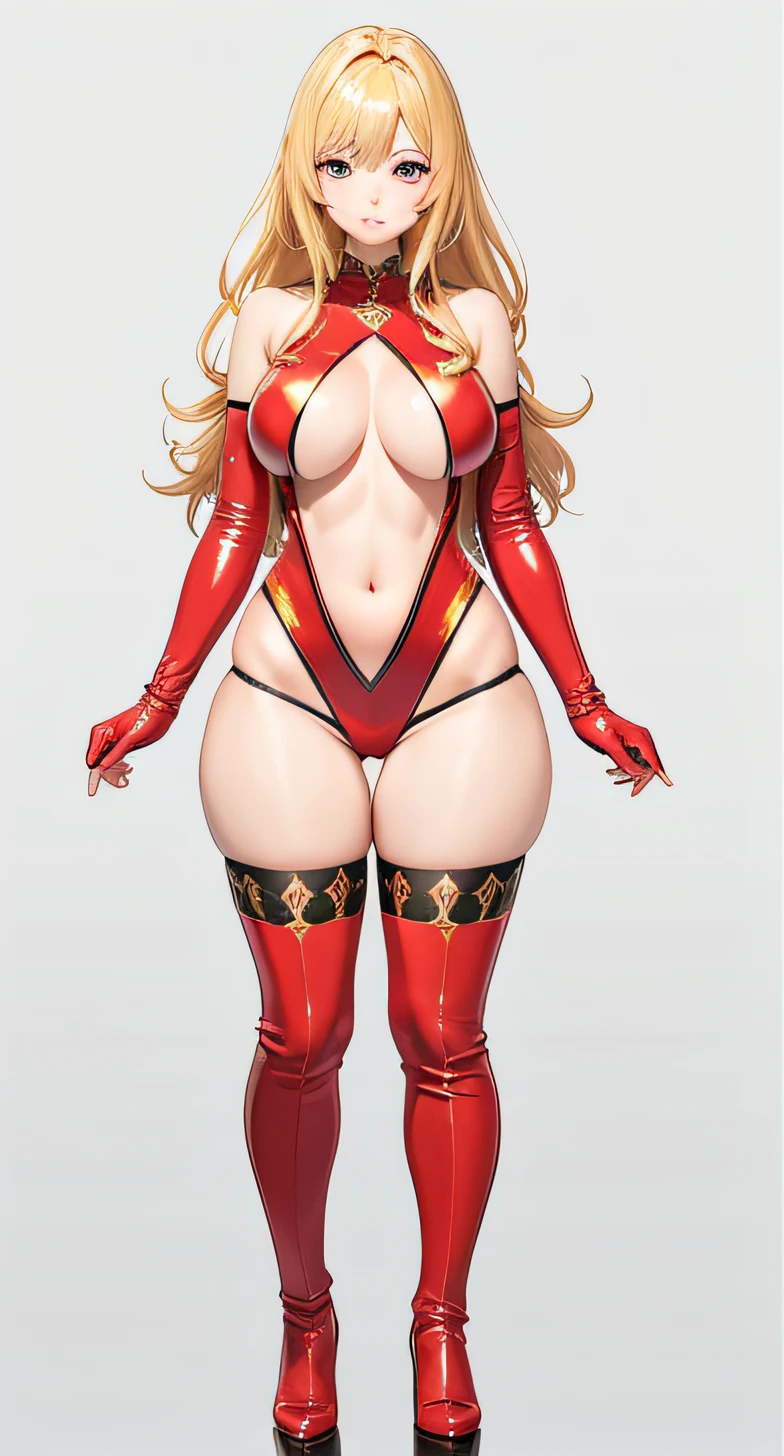 tmasterpiece, top-quality, Best quality at best, offcial art, Beauty and aesthetics, anime big breast, 1girll, The is very detailed, rich colourful, More detailed ((ultra - detailed)), (Highly detailed CG illustration), Golden hair, long whitr hair, (focus on the character), Red leather pants, red leotard,Jumpsuit heels --auto