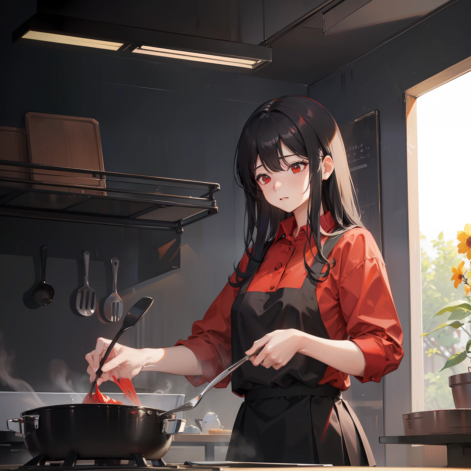 ​masterpiece、hightquality、vivd colour、(((Long Black Hair)))、(((Red Shirt)))、(((a black skirt)))、(((Cooking)))