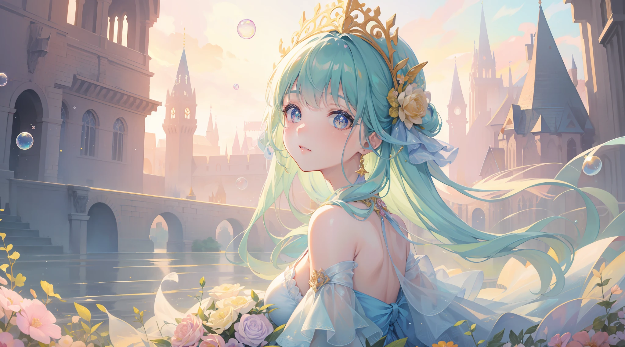 masterpiece, best quality, 8k resolution, sharp focus, intricate detail, beautiful girl, sparkling eyes, golden ratio face, watercolor, ((pastel colors)), bright colors, whimsical, colorful, sharp focus, high resolution, fine detail, layered ballgown, iridescent bubbles, otherworldly fantasy castle landscape