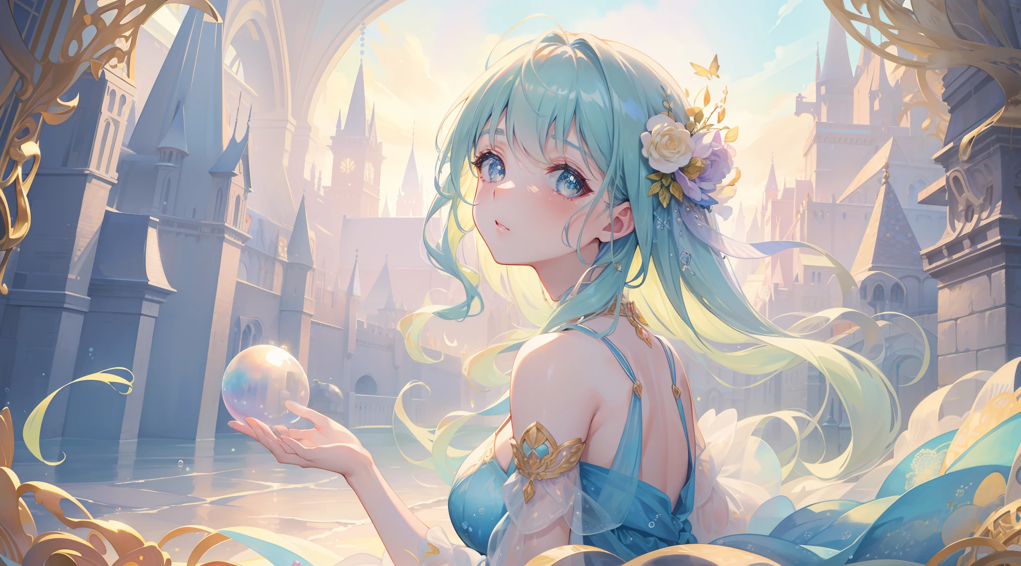 masterpiece, best quality, 8k resolution, sharp focus, intricate detail, beautiful girl, sparkling eyes, golden ratio face, watercolor, ((pastel colors)), bright colors, whimsical, colorful, sharp focus, high resolution, fine detail, layered ballgown, iridescent bubbles, otherworldly fantasy castle landscape