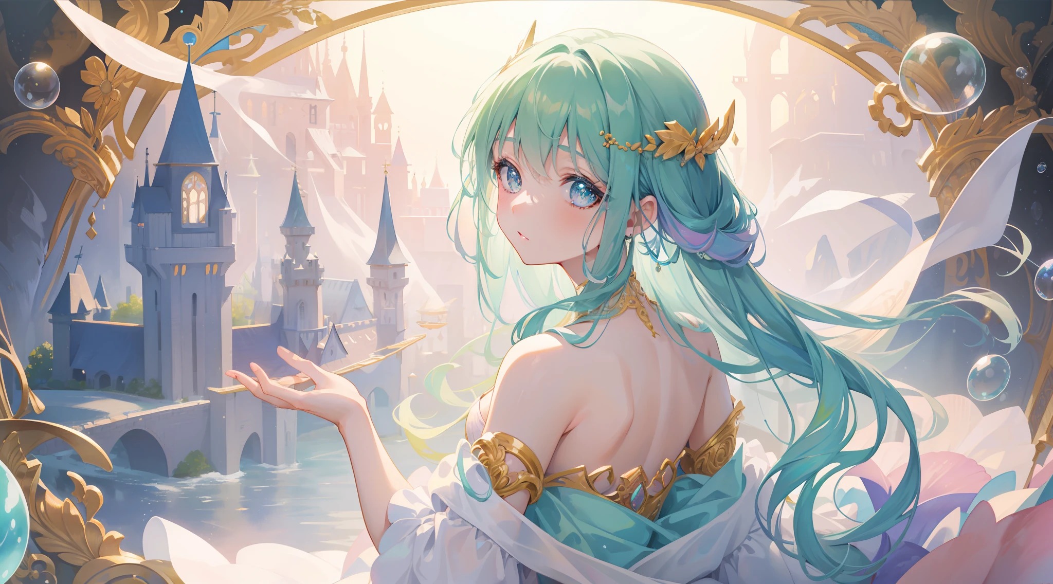 masterpiece, best quality, 8k resolution, sharp focus, intricate detail, beautiful girl, sparkling eyes, golden ratio face, watercolor, ((pastel colors)), bright colors, whimsical, colorful, sharp focus, high resolution, fine detail, layered ballgown, iridescent bubbles, otherworldly fantasy castle landscape