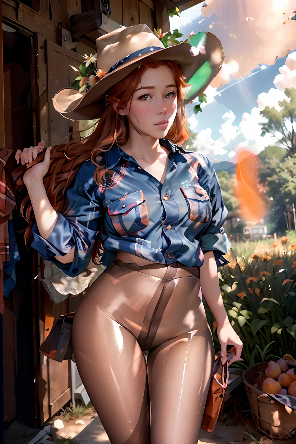 masterpiece, highest quality, colorful cinematic lighting, portrait photograph of  female peach farmer with overflowing [orange|yellow] hair, wearing tight red checkered flannel shirt, daisy dukes, pantyhose, ornate leather cowboy boots, (wearing cowboy hat), (perfect face:1.1), standing under a peach tree in rolling pasture, sunset in the background, dappled light, romantic, HDR, highly detailed, hasselblad, 8k, hyper realistic, eye level shot, f1.4 aperture, 8mm film grain, cinestill 800