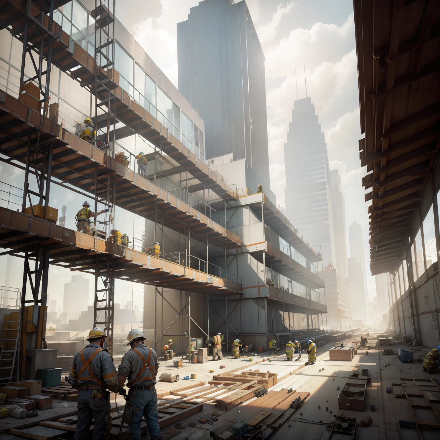 Create a realistic scene of workers wearing helmets and safety equipment, Working together to assemble the steel structure of the building under construction,Imagine the workers preparing the concrete and pouring it into the forms, creating the slabs and pillars essential for the support of the building,Draw a scene in which workers use scaffolding to reach the highest parts of the building, Working with dexterity and safety,Create an image of workers installing windows and doors in the building under construction, adding details that will shape the final look of the building.