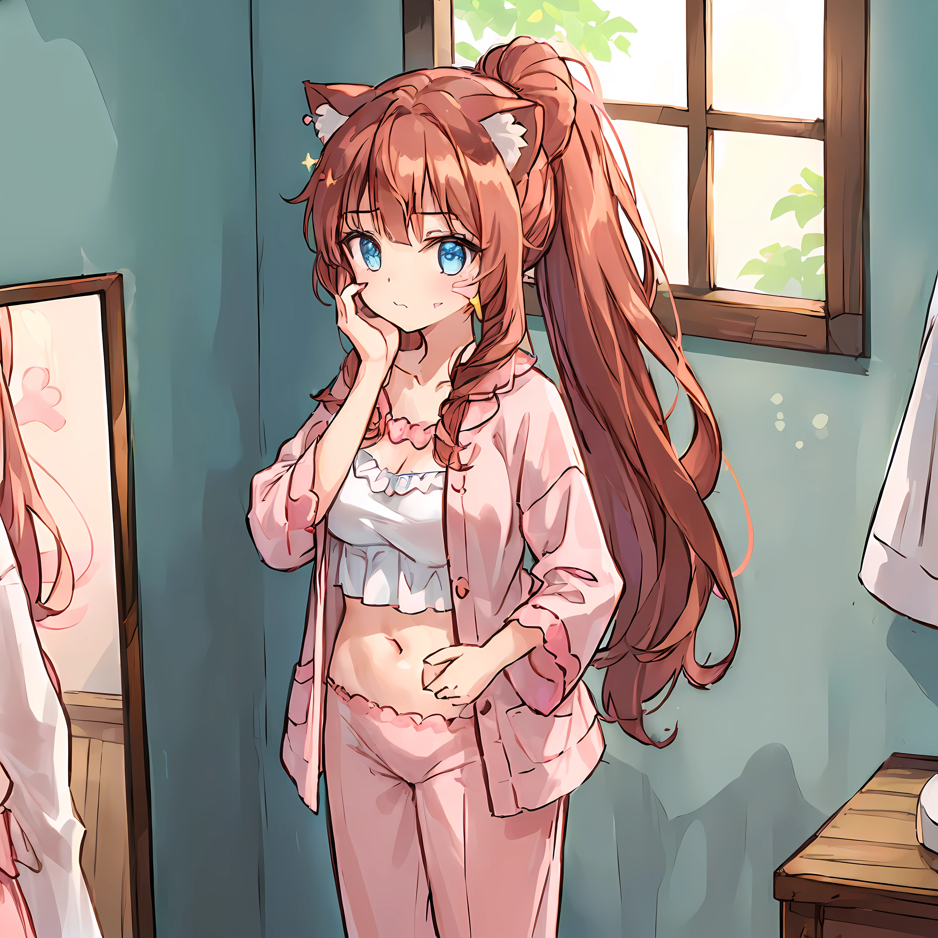 (Scribble on the face:1.8),(Highly detailed CG Unity 8k wallpaper), (Best Quality), (Super Detail), (Best Illustration), (Best Shadow), POV, Realistic lighting and shading, Natural light, Lens flare effect, BREAK, 1 beautiful girl, Solo,(Cute:1.5),(Chibi:0.8), (kawaii:1.5),(Lori:0.5), BREAK, ( (17 years old girl), Very detailed, colourfull, highest details, BREAK, (Huge breasts: 1. 2,), Clear skin, Beautiful skin, Shy skin, 1 beautiful girl, Brown hair, (Cat ears, Ponytail, medium-Long hair: 1. 2), (Light blue eyes, long eyelashes, Double eyelids: 1. 2), Solo, gleaming skin, BREAK, (Turning red:1.2), (She has her hair tied in a bun.:1.0), (Barefoot with colorful nails:1.0), (Pink belly roll,Pajamas for girls:1.2), (pink scrunchie:1.0), (star-shaped earring:1.1), (Lace headband:1.0), (Cute Accessories:1.3), BREAK,(Angle from the back,Washstand,Standing in front of a mirror:1.1), (twogirls:1.1), Standing ,(Face to face:1.2) Through the mirror, (hands on one's face:1.2), Large full-length mirror, (specular reflection),