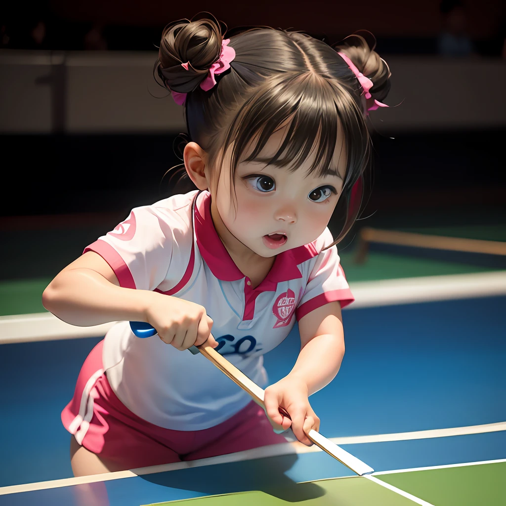 A cute chubby ,Double bun and bangs,Delicate big eyes,Very happy,Participated in the Asian Games table tennis competition