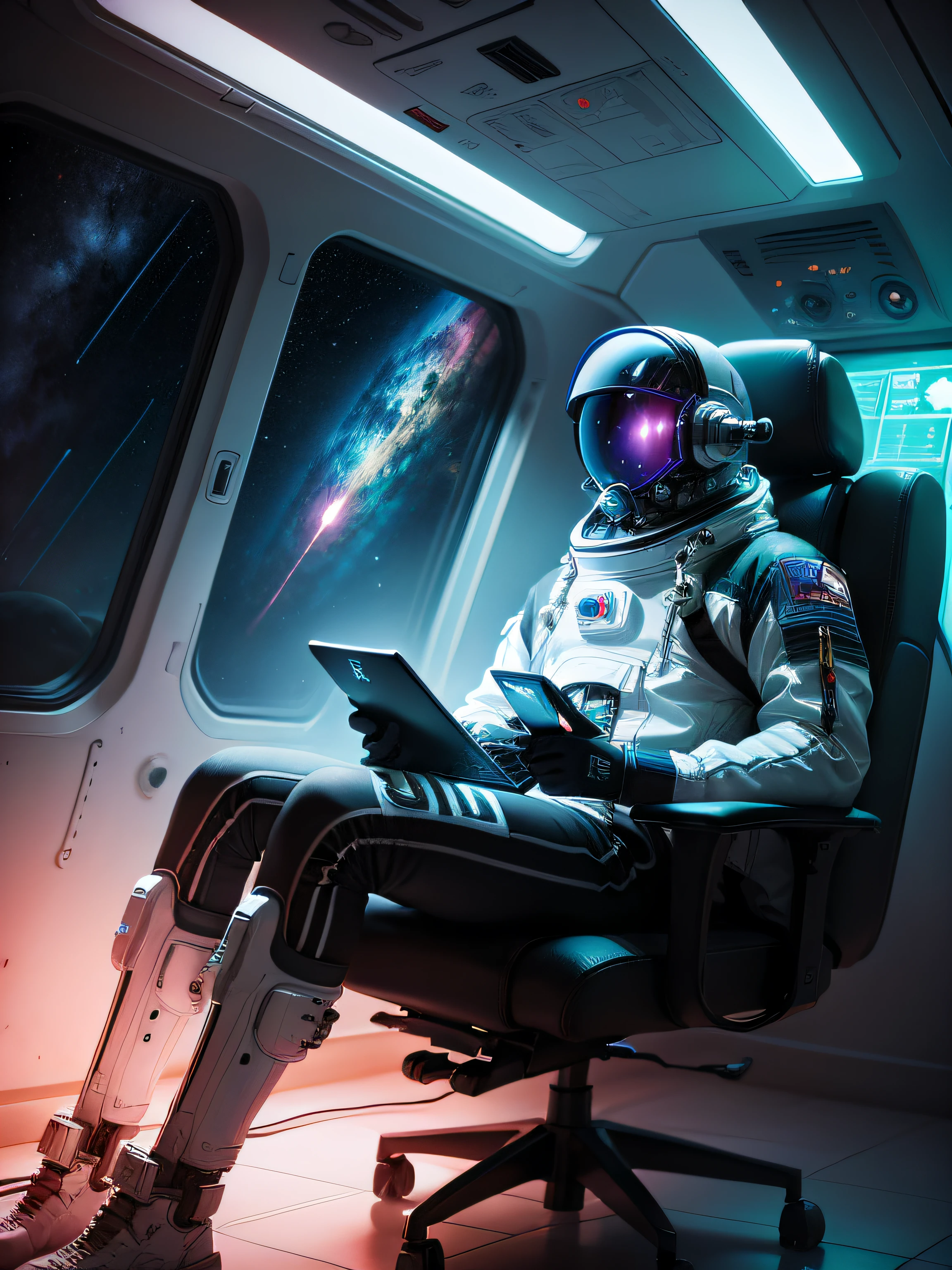 astronauta em uma nave espacial, Estilo cyberpunk, Estilo neon