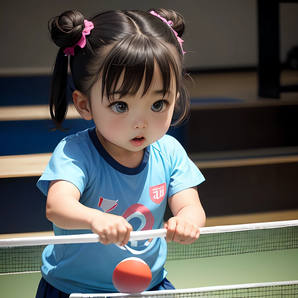 A cute chubby  girl，Double bun and bangs，Delicate big eyes，Very happy，Participated in the Asian Games table tennis competition