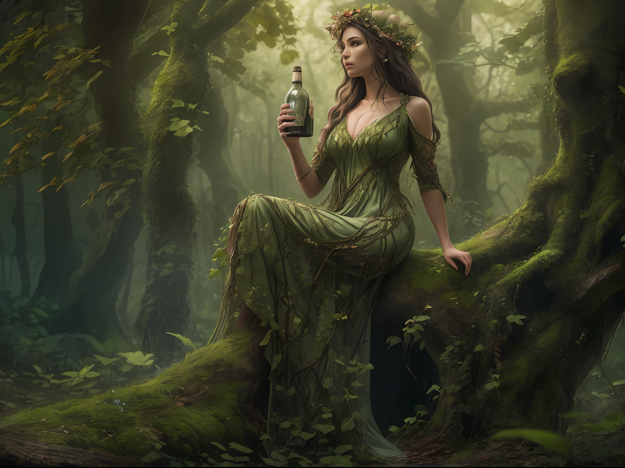 there is a woman that is standing in the woods with a bottle, nature goddess, enchanted with nature spirit, dryad in the forest, dryad, forest dryad, goddess of nature, mother nature, goddess of the forest, beautiful elegant dryad, wearing a dress made of vines, karol bak uhd, fey queen of the summer forest, mother earth, photo realism, ultra detailed, wide shot, high texture, cinematic lighting, dramatic, dark forest