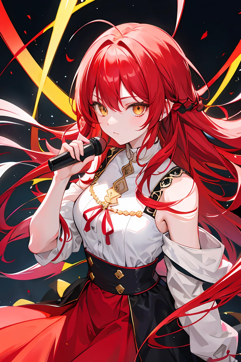 Girl with long red hair and yellow eyes who is singer