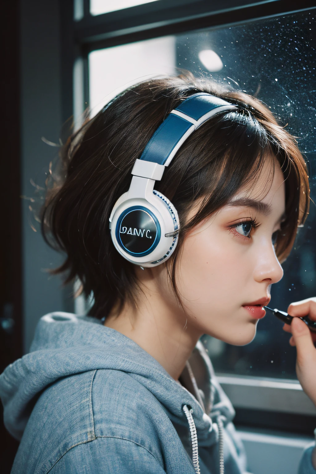Top quality, Masterpiece, (Realistic: 1.2), 1 girl, Brown hair, Short hair, Blue eyes, profile, Upper body, Wearing headphones, holding a pen, Darkroom with window, Detailed face, Beautiful eyes, Starry sky