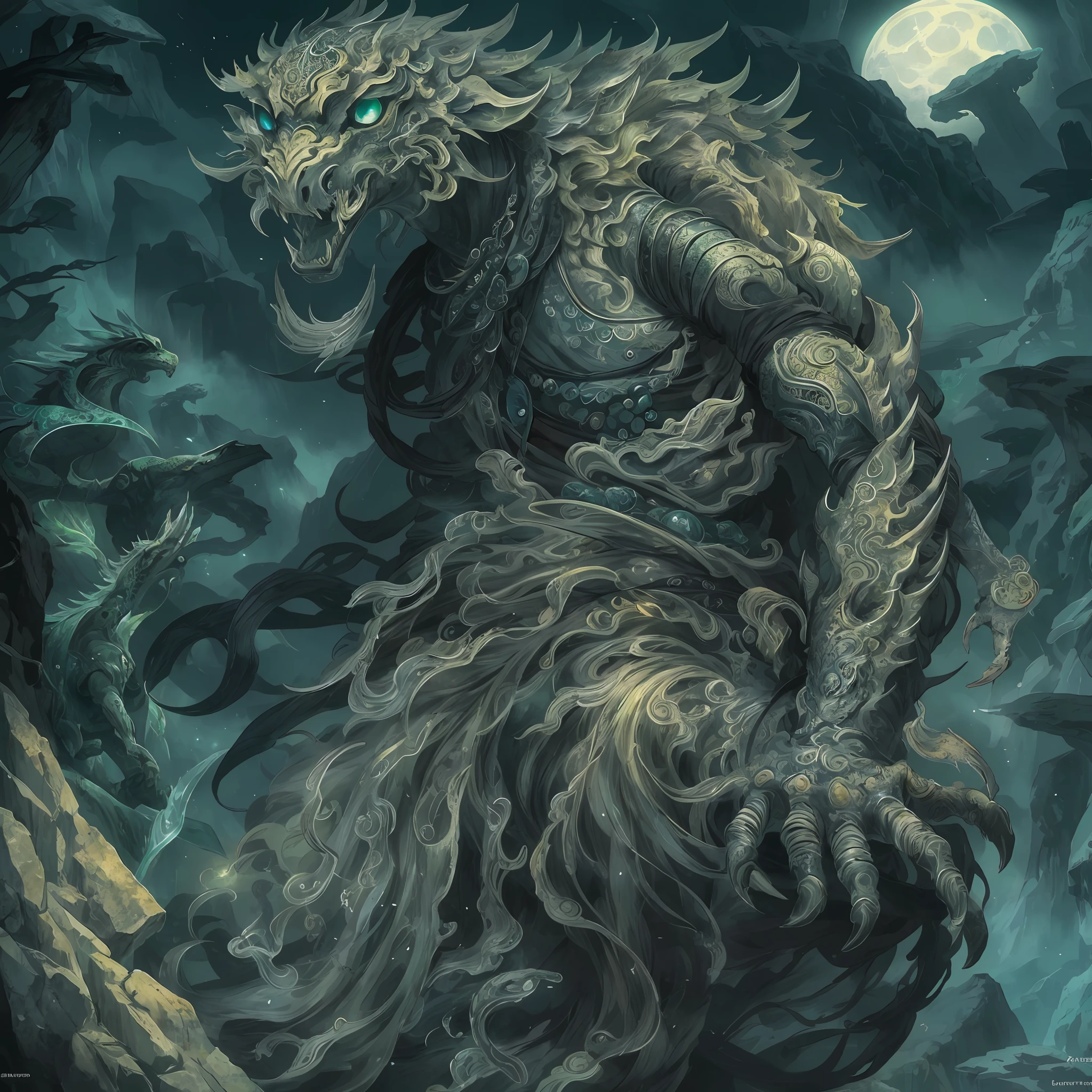 mystic ninja，Detailed face，Detailed eyes，Clear eyes，Gui Zen，Exotic beasts of mountains and seas，Dark green and black details, Loose and thick clothing covers the body，standing on cliff，Bask in the luxury of Yoshitaka Amano in the moonlight，fanciful，sci-fy，the complex background（full bodyesbian），((dynamicposes))，Colorful wallpapers，Highly detailed，Masterpiece，best qualtiy，art  stations