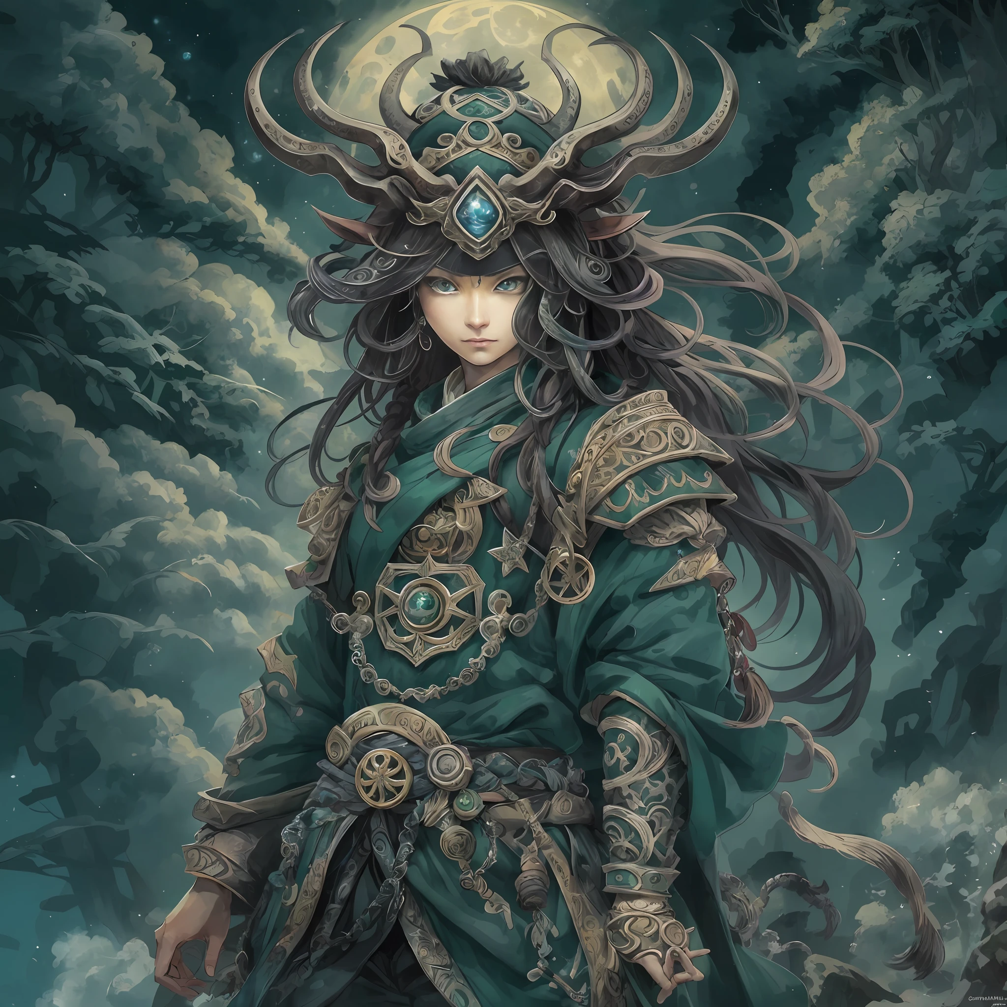 mystic ninja，Detailed face，Detailed eyes，Clear eyes，Gui Zen，Exotic beasts of mountains and seas，Dark green and black details, Loose and thick clothing covers the body，standing on cliff，Bask in the luxury of Yoshitaka Amano in the moonlight，fanciful，sci-fy，the complex background（full bodyesbian），((dynamicposes))，Colorful wallpapers，Highly detailed，Masterpiece，best qualtiy，art  stations