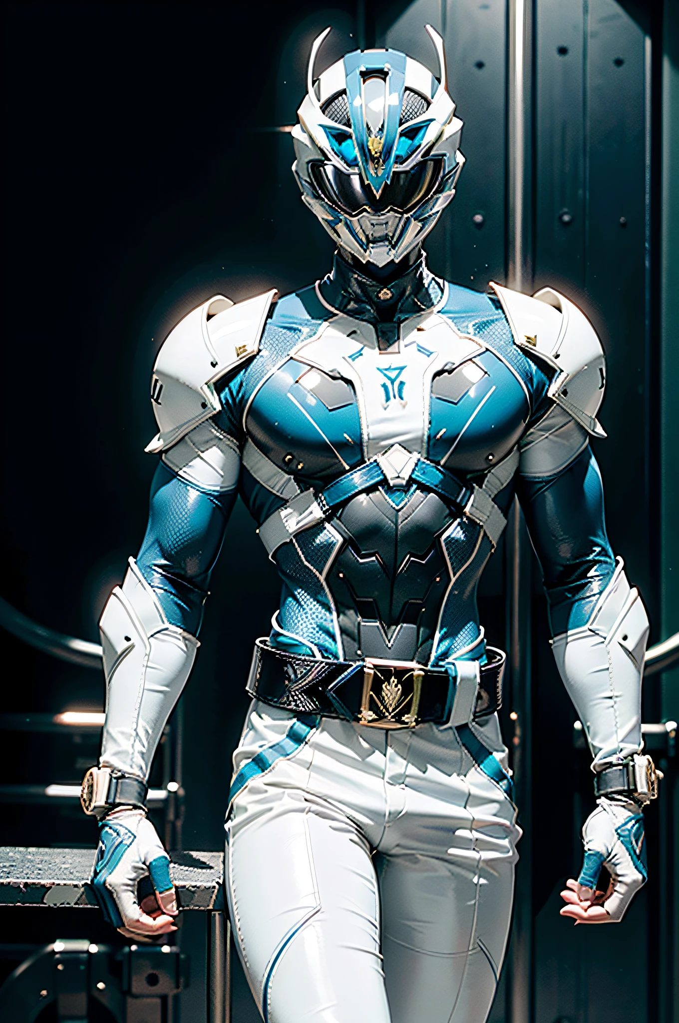 ((power ranger)), Blue Ranger, plein air, 城市, One young man, Blue costume, Solo, ((slim figure)), (Anatomically correct), Cowboy Shot, Masked face, (Blue Complex Cybersuit), (Intricately designed hero suit), White sleeves, Suits with complex lines, Thin cybersuit with a tight body, long leather gloves up to the white elbows,,,,, Arm cover made of hard material, White Leather Boots, Wearing a full-face helmet, (White belt), (Large metal buckle), (full body suits), (Full face helmet with no exposed face), Crystal embedded in helmet, (Very shiny cybersuit), Cyber suit made of silk, A cybersuit that adheres to the body