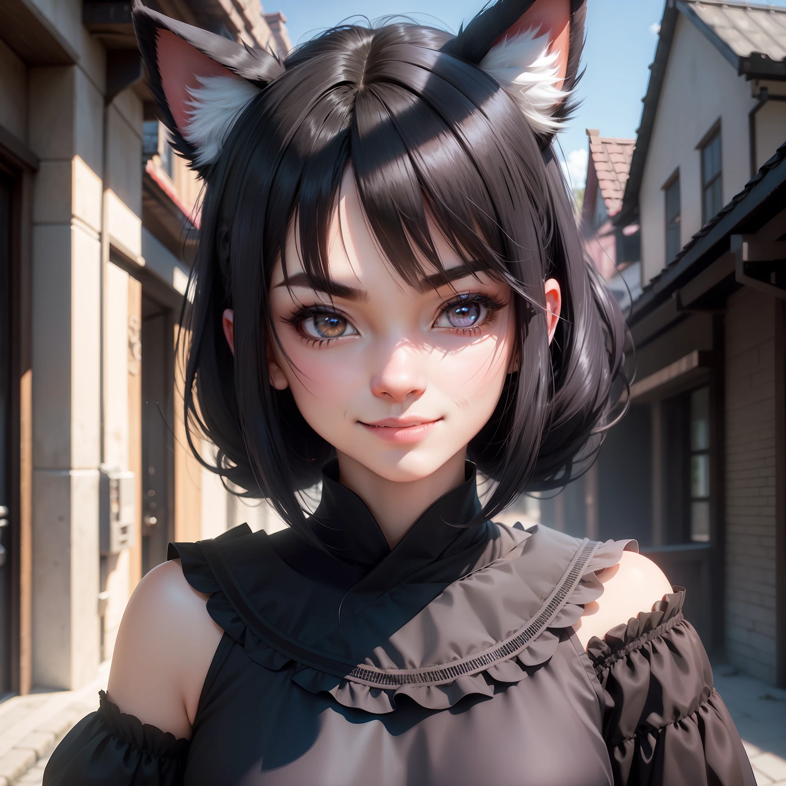 black hair, hair bobbles, wince, longeyelashes, solid circle eyes, fake animal ears, light smile, ear blush, fang, Surrealism, drop shadow, anaglyph, stereogram, tachi-e, pov, atmospheric perspective, 8k, super detail, ccurate, best quality