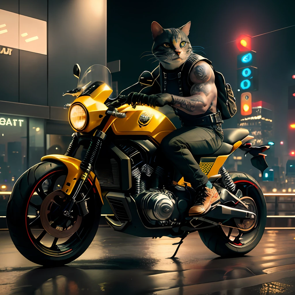 ((best quality)),((ultradetailed)), ((masterpiece)), illustration, Scene structure: Animal-personified Cat as a gangster, with a Cat face and human body. He has a muscular build and tattoos on his body. He rides a motorcycle in the city, with tall buildings behind him and neon lights flashing. Prompt composition: Monke-gangster, animal-personification, motorcycle-riding, tattooed-body, muscular-build, city-scape, tall-buildings, neon-lightsSubstance 3D, Octane rendering,(hdr:1.3)